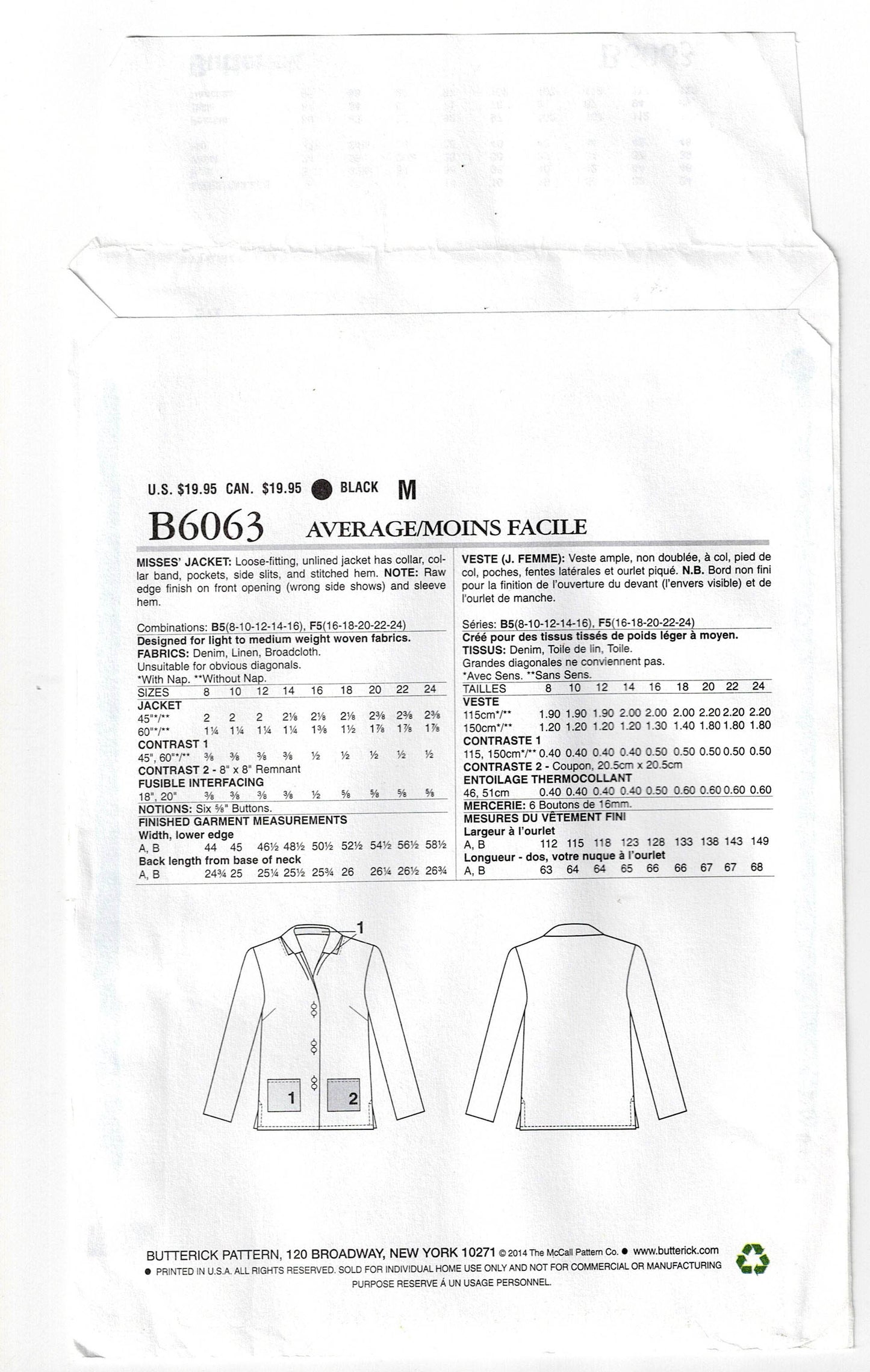 Patrón de costura agotado para chaqueta sin forro con bolsillos Butterick 6063 Katherine Tilton para mujer, tallas 8 a 16 o 16 a 24, doblado de fábrica y sin cortar