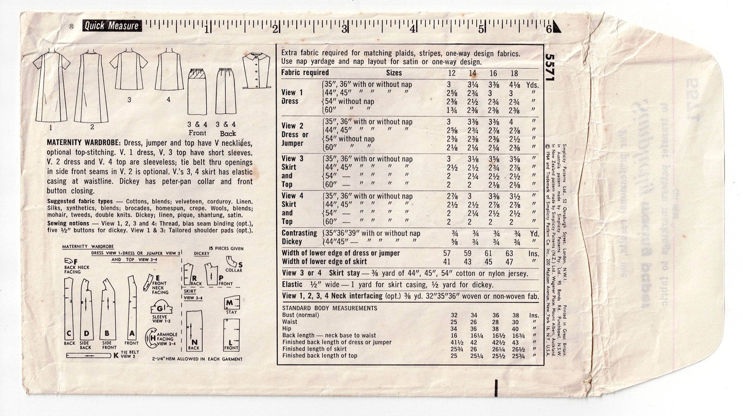 Simplicity 5571 Womens Retro Maternity Wardrobe 1960s Vintage Sewing Pattern Size 16 Bust 36 inches UNUSED Factory Folded