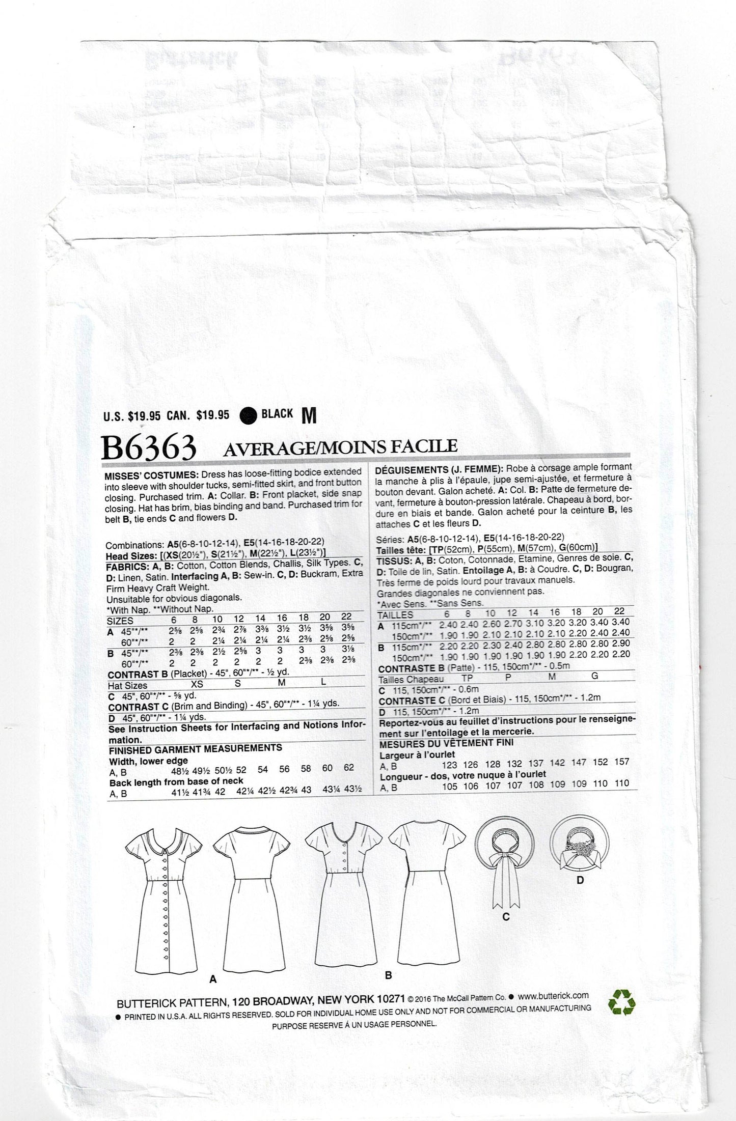 Patrón de costura agotado para vestido y sombrero estilo años 40 para mujer Butterick 6363 MAKING HISTORY, tallas 6 a 14, sin cortar, doblado de fábrica