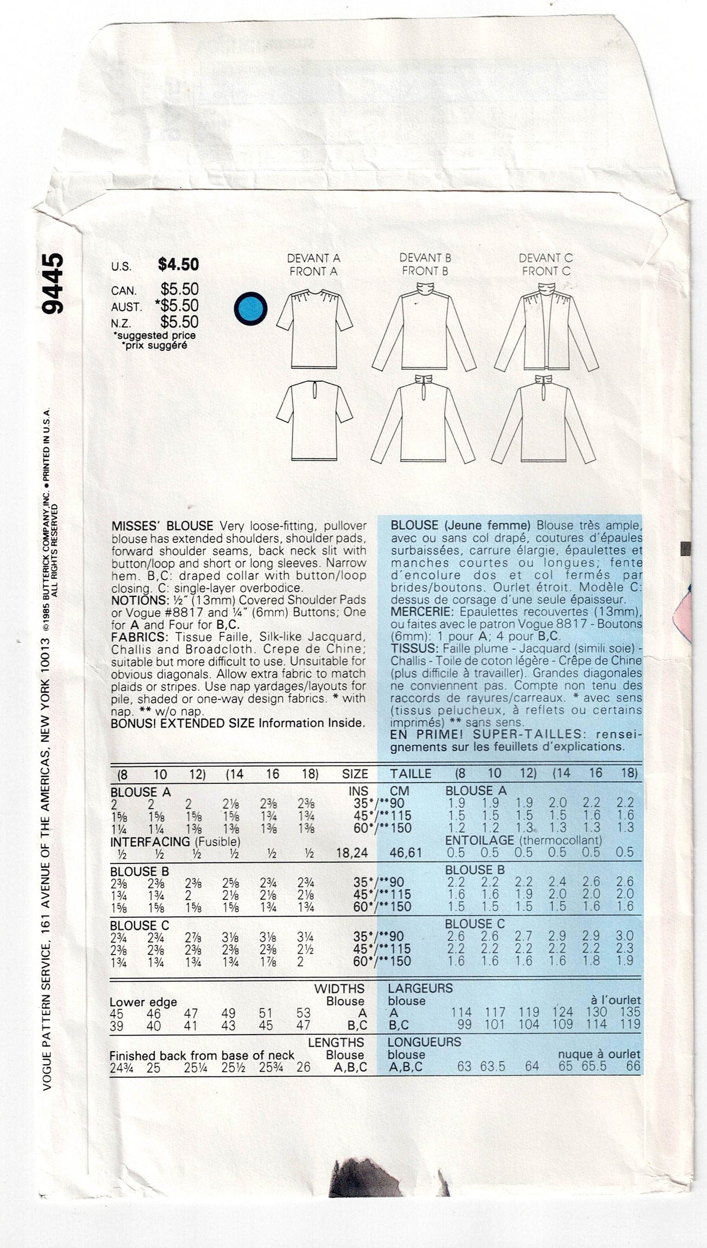 Vogue 9445 Womens High Neck Full Sleeved Evening Blouses 1980s Vintage Sewing Pattern Size 14 - 18 UNCUT Factory Folded