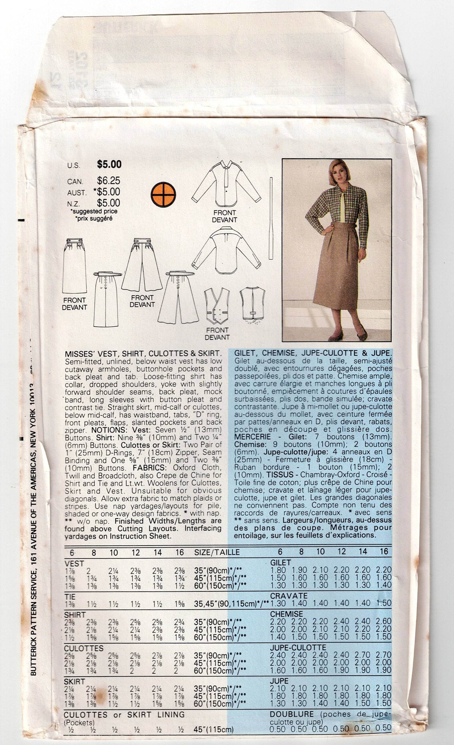 Butterick 3102 JG HOOK Womens Vest Blouse Culottes & Skirt 1980s Vintage Sewing Pattern Size 12 Bust 34 inches UNCUT Factory Folded