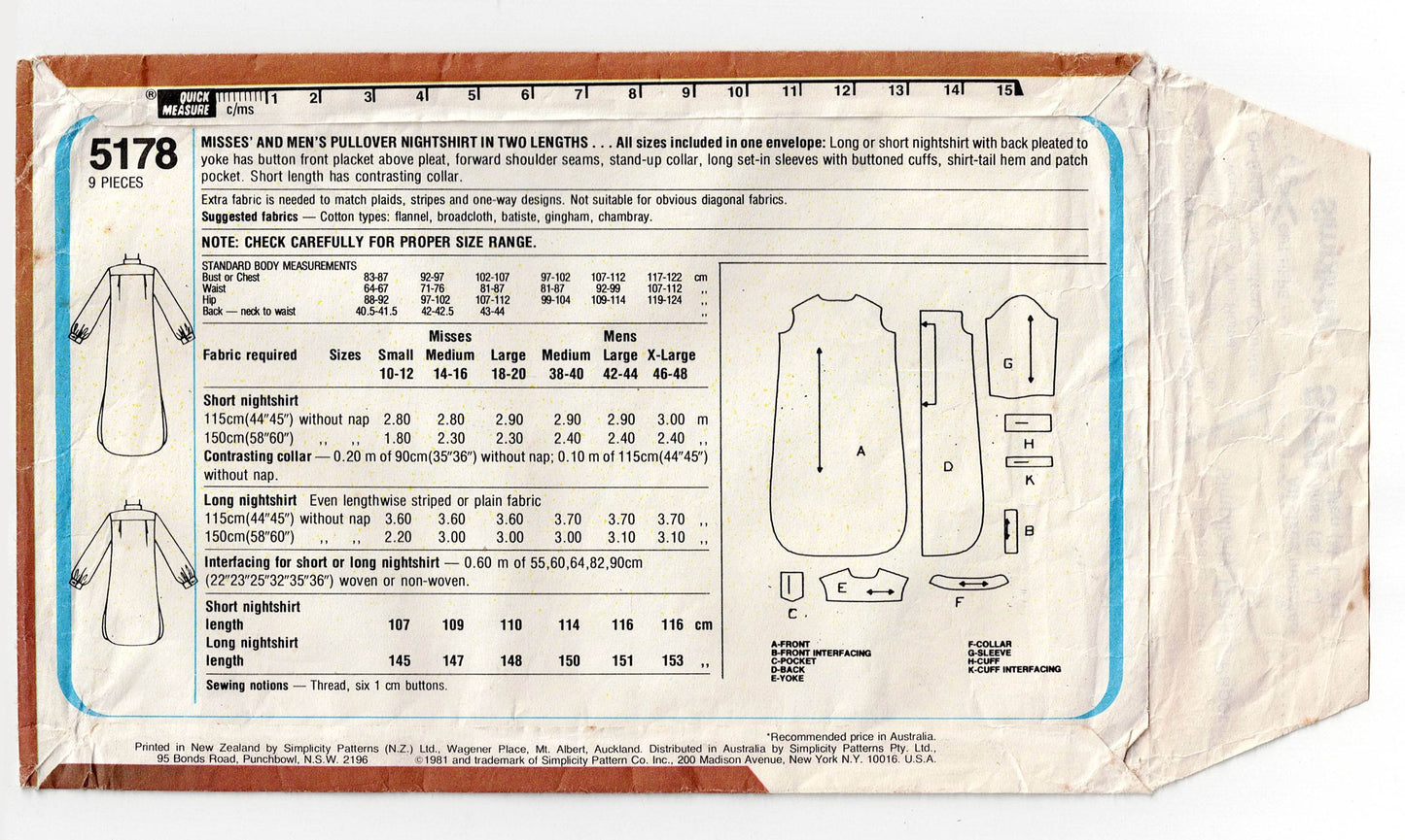 Simplicity 5178 UNISEX Nightshirt 1980s Vintage Sewing Pattern Size 10 - 20 Womens & Chest 38 - 40 Mens