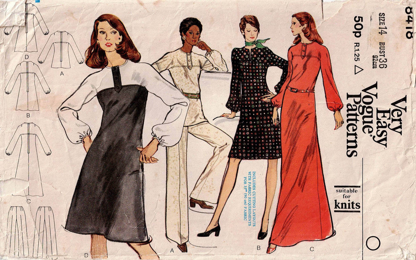 Vogue 8418 EASY Womens Colour Block Dress Tunic & Pants 1970s Vintage Sewing Pattern Size 14 Bust 36 inches