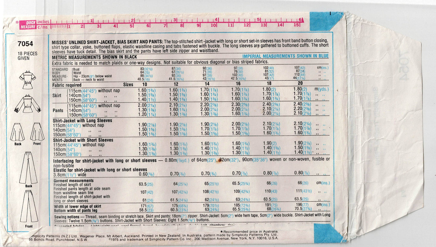 Simplicity 7054 Womens Safari Style Shirt Jacket Skirt & Flares 1970s Vintage Sewing Pattern Size 14 Bust 36 Inches
