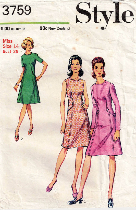 Patrón de costura vintage de los años 70 para vestido de mujer estilo 3759, corte en A, con detalles en las costuras y botones, talla 14, busto 36 pulgadas