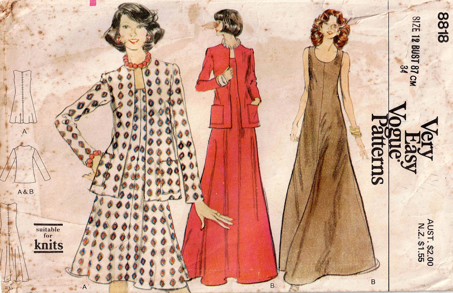 Vogue 8818 Womens Evening Maxi Dress & Jacket 1970s Vintage Sewing Pattern Size 12 Bust 34 inches