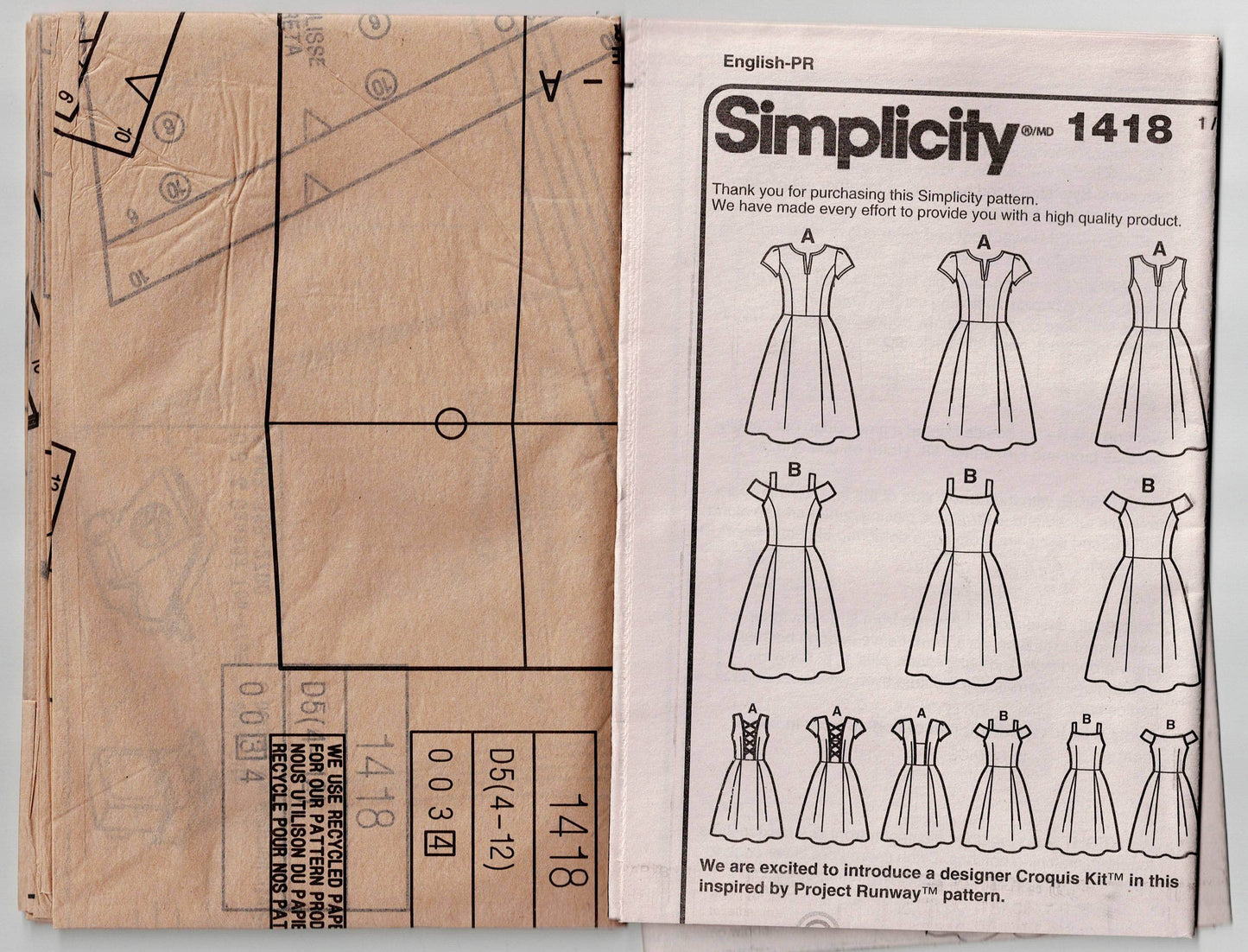 Patrón de costura Simplicity 1418 para vestidos de noche de PROJECT RUNWAY para mujer, agotados, talla 4-12, sin cortar, doblados de fábrica