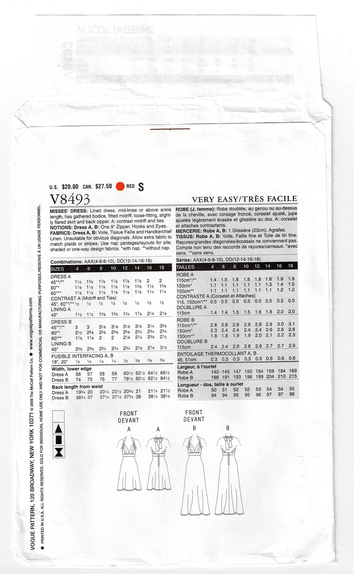 Patrón de costura de vestido de noche con escote halter y abertura en el abdomen Vogue 8493, muy fácil de usar, agotado, talla 4-10, sin cortar, doblado de fábrica