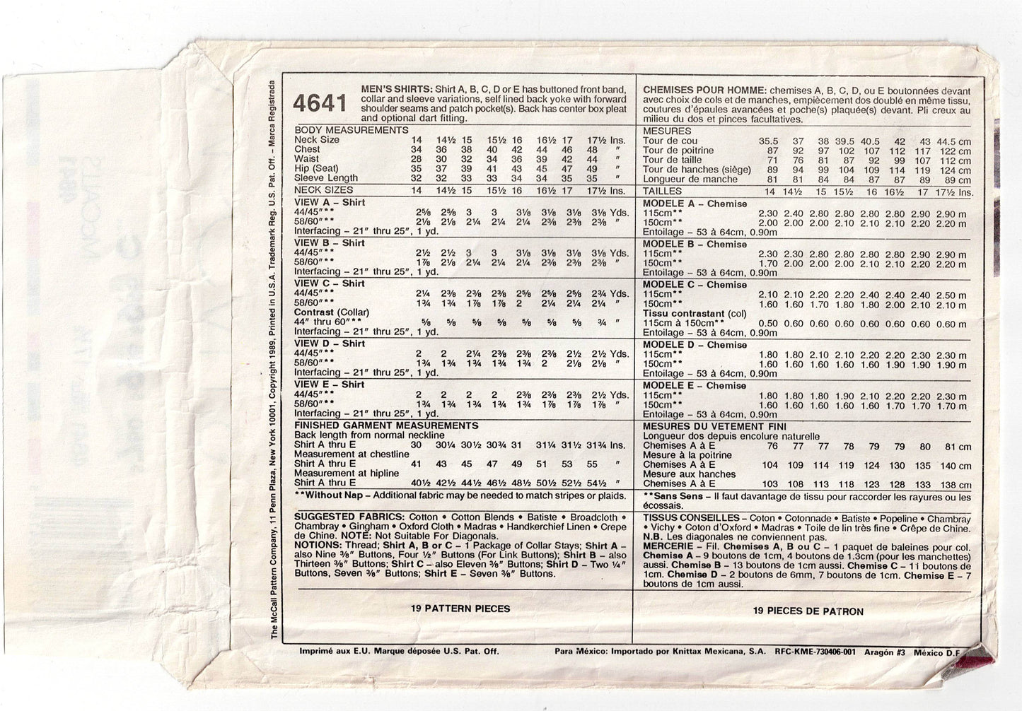 Patrón de costura vintage de los años 80 para camisas clásicas de hombre McCall's 4641, pecho de 44 pulgadas, sin cortar, doblado de fábrica