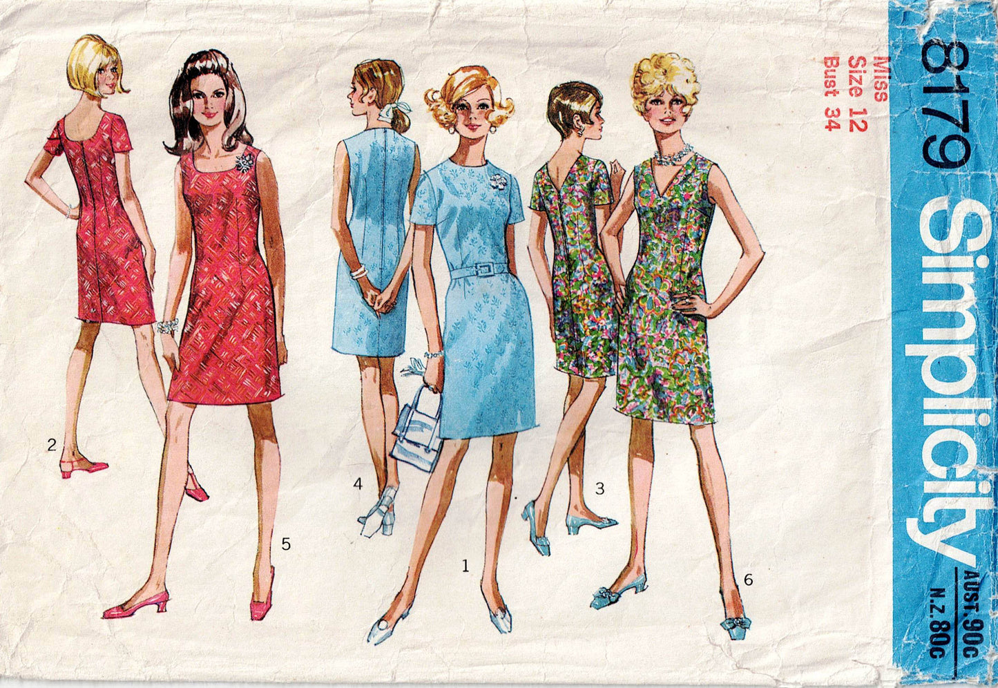 Simplicity 8179 Womens Shift Dress with 3 Necklines 1960s Vintage Sewing Pattern Size 12 Bust 34 inches