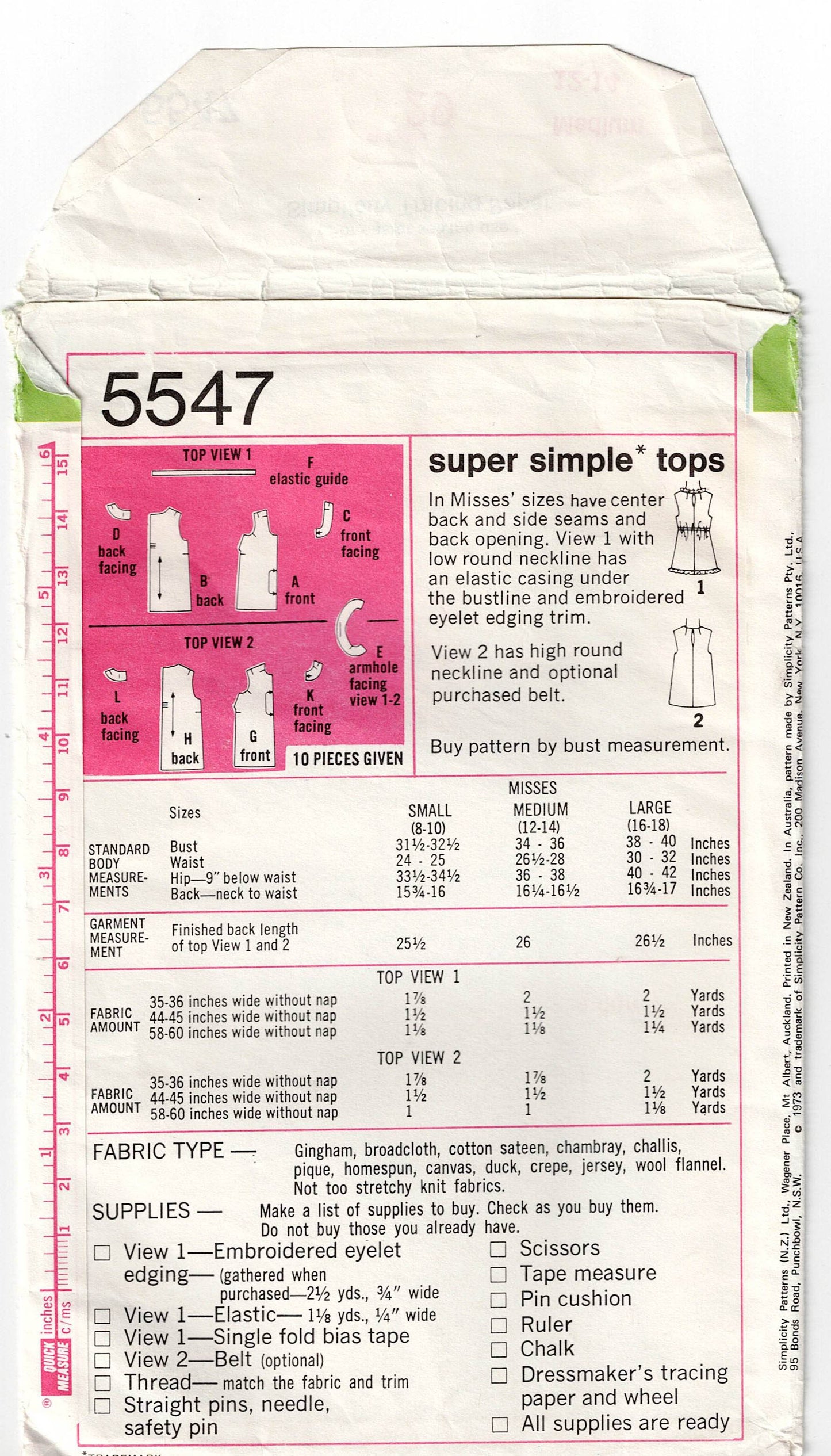 Simplicity 5547 EASY Pullover Summer Tops 1970s Vintage Sewing Pattern Size MED 12 - 14