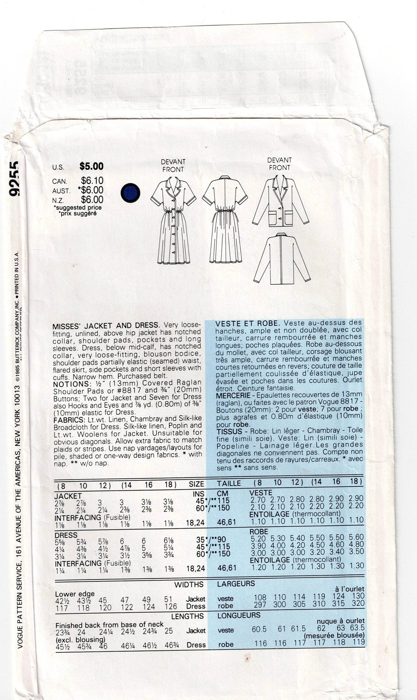 Vogue 9255 Womens Shirtdress & Jacket 1980s Vintage Sewing Pattern Size 8 - 12 UNCUT Factory Folded