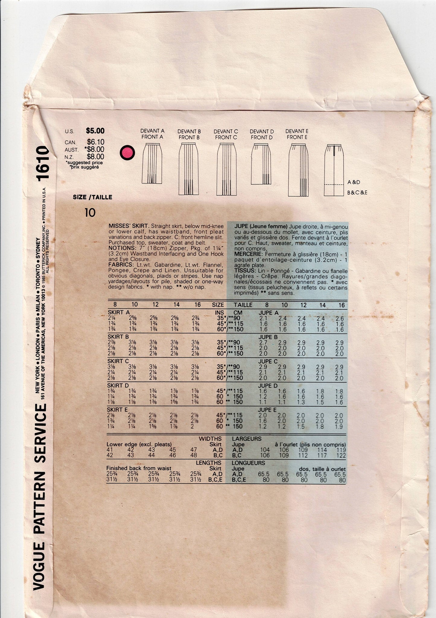 Vogue Basic Design 1610 Womens Straight Pleated Skirts 1980s Vintage Sewing Pattern Size 10 Waist 25 inches UNCUT Factory Folded