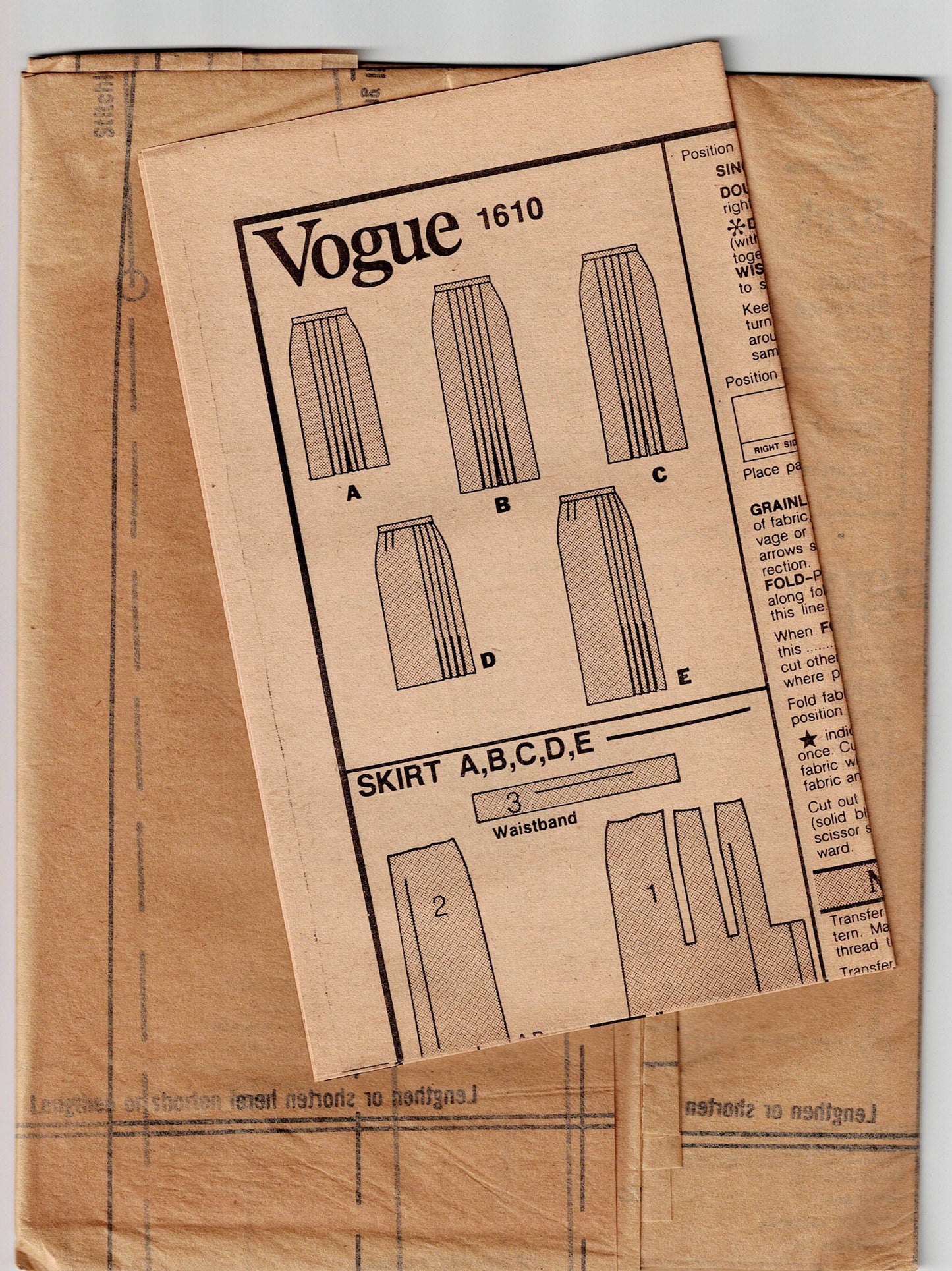 Vogue Basic Design 1610 Womens Straight Pleated Skirts 1980s Vintage Sewing Pattern Size 10 Waist 25 inches UNCUT Factory Folded