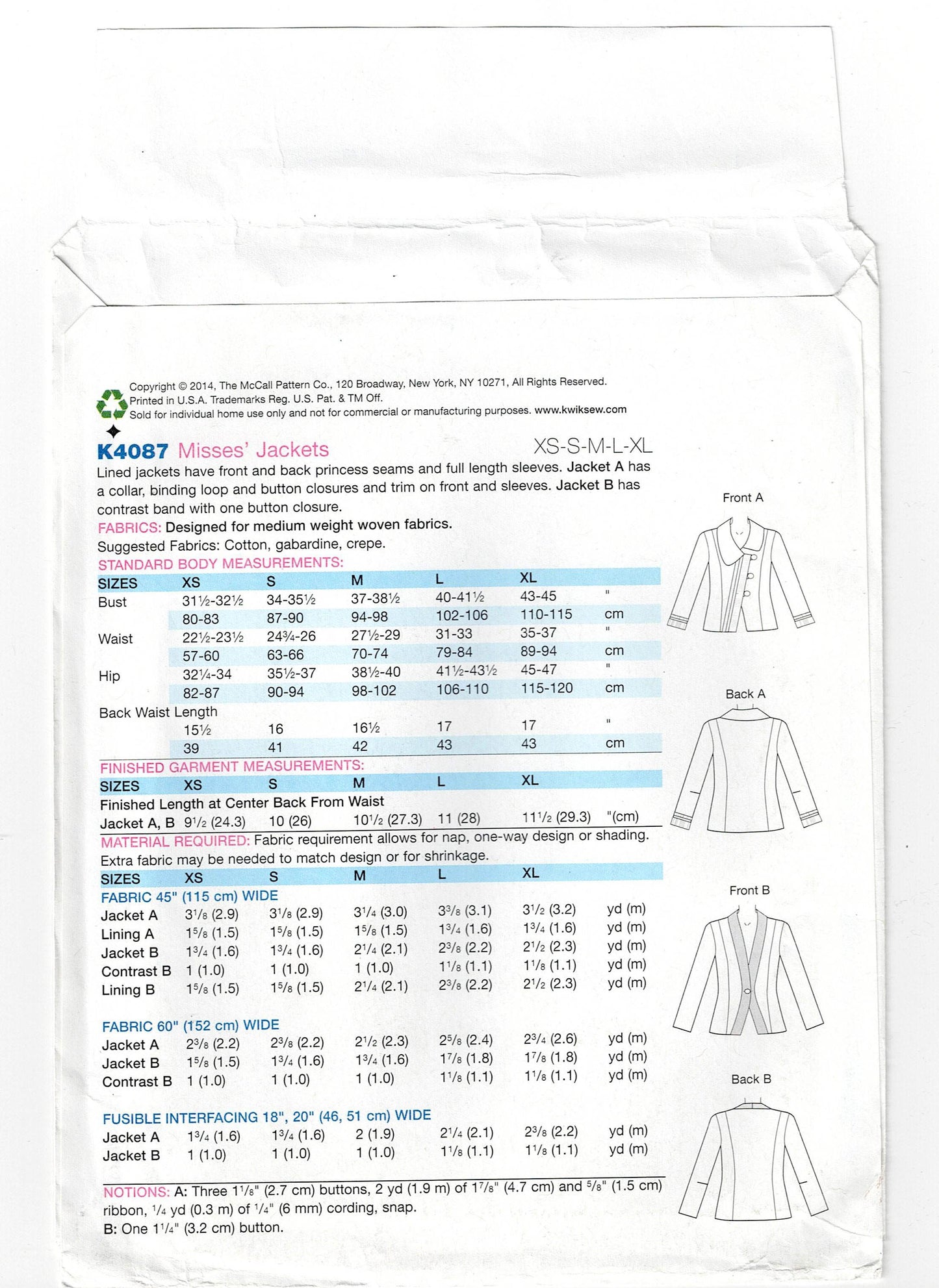 Kwik Sew 4087 Womens Princess Seamed Lined Jackets Out Of Print Sewing Pattern Size XS - XL UNCUT Factory Folded