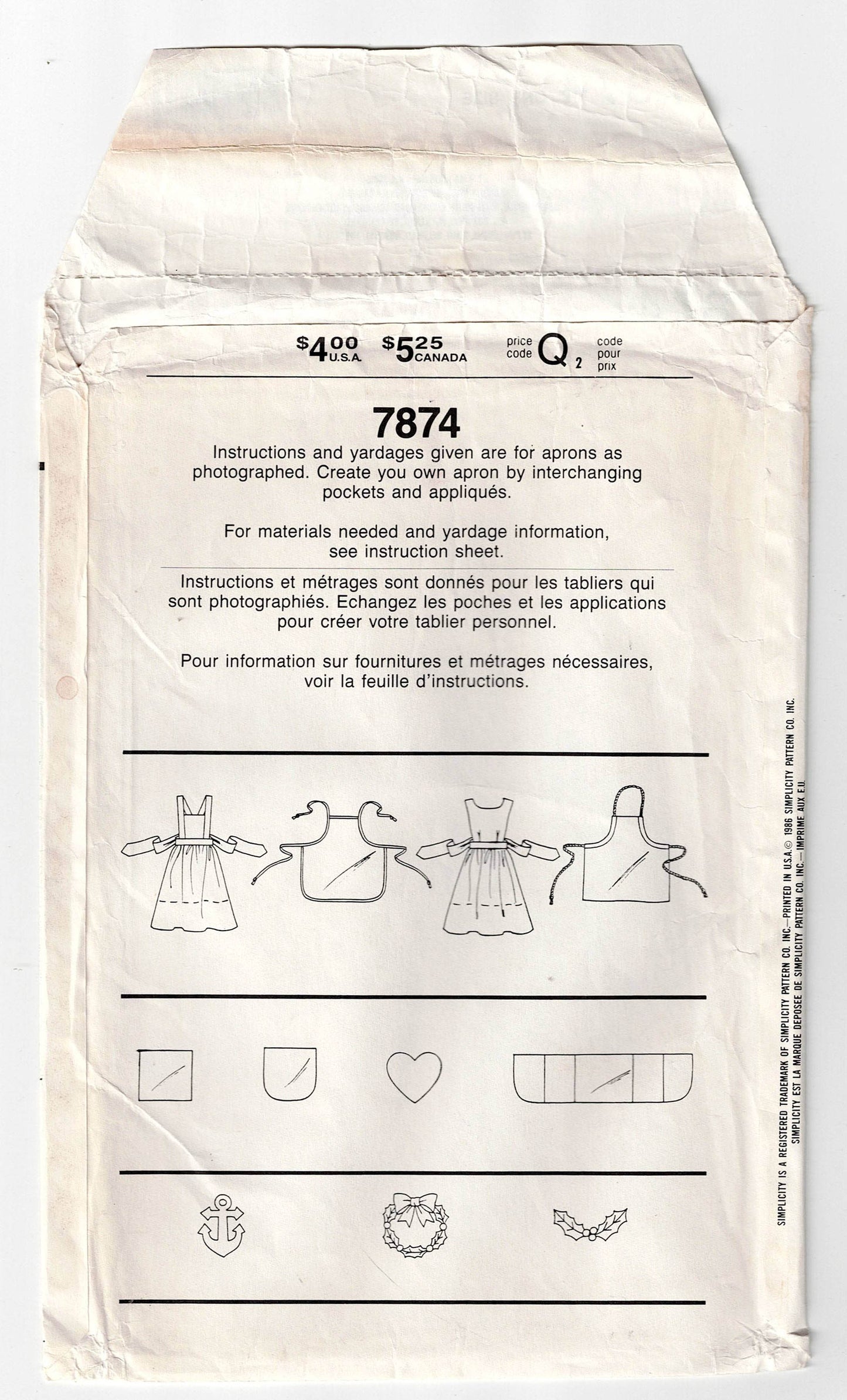 Simplicity 7874 - Juego de delantales de cocina para mujer y hombre, patrón de costura vintage de los años 80, talla única, sin cortar, doblado de fábrica