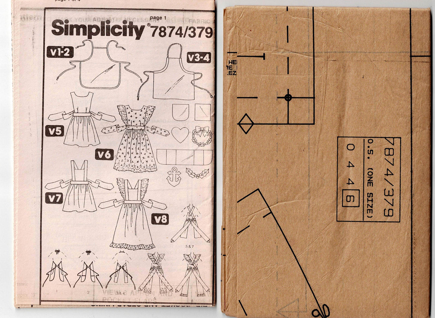 Simplicity 7874 - Juego de delantales de cocina para mujer y hombre, patrón de costura vintage de los años 80, talla única, sin cortar, doblado de fábrica