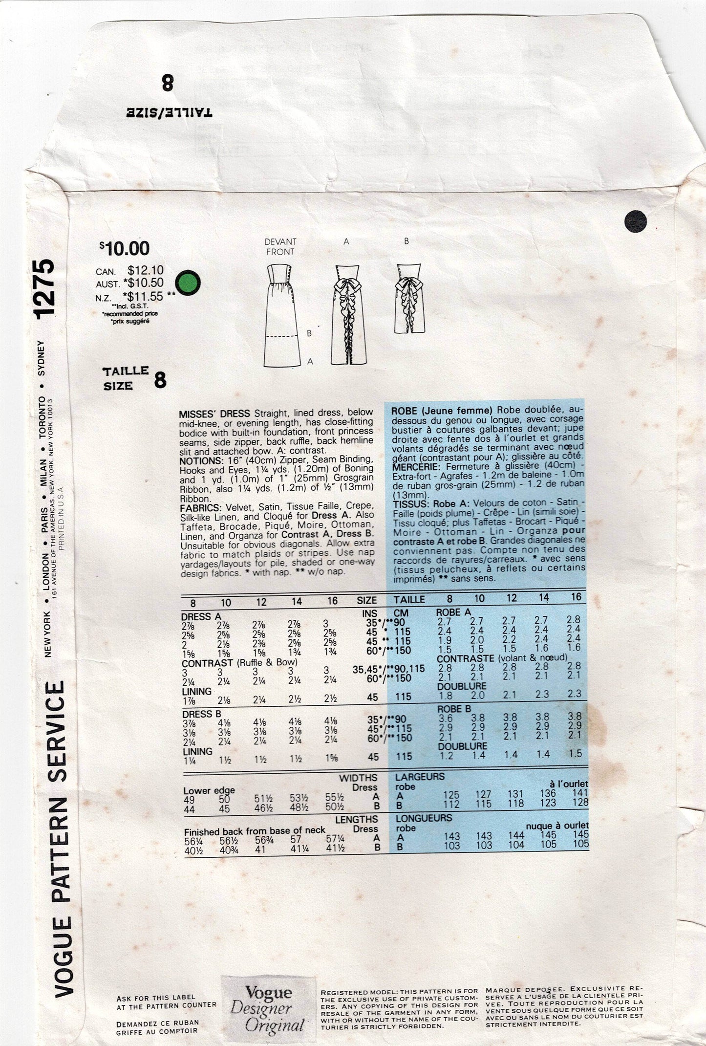 Vogue Designer Original 1275 BELLVILLE SASSOON Womens Strapless Cocktail Evening Sheath Formal Gown 1980s Vintage Sewing Pattern Size 8 UNCUT Factory Folded