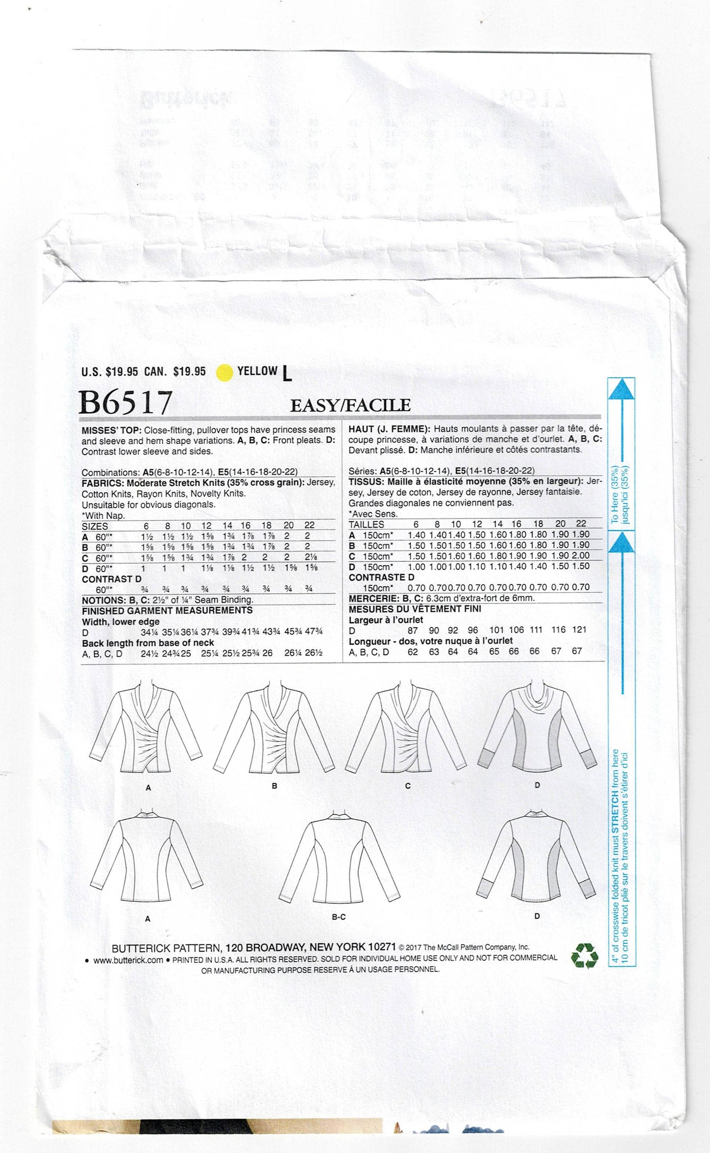 Patrón de costura para jersey elástico de mujer Butterick 6517, estilo princesa, tallas 14 a 22, sin cortar, doblado de fábrica