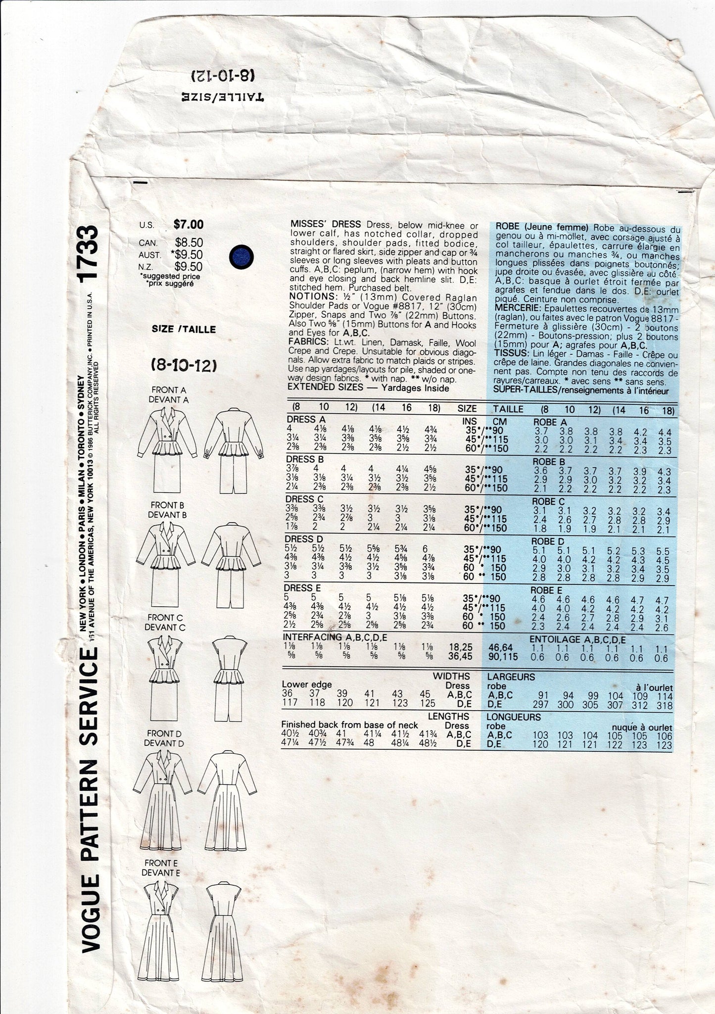 Vogue Basic Design 1733 Womens Shirtdress with Peplum & Skirt Variations 1980s Vintage Sewing Pattern Size 8 - 12