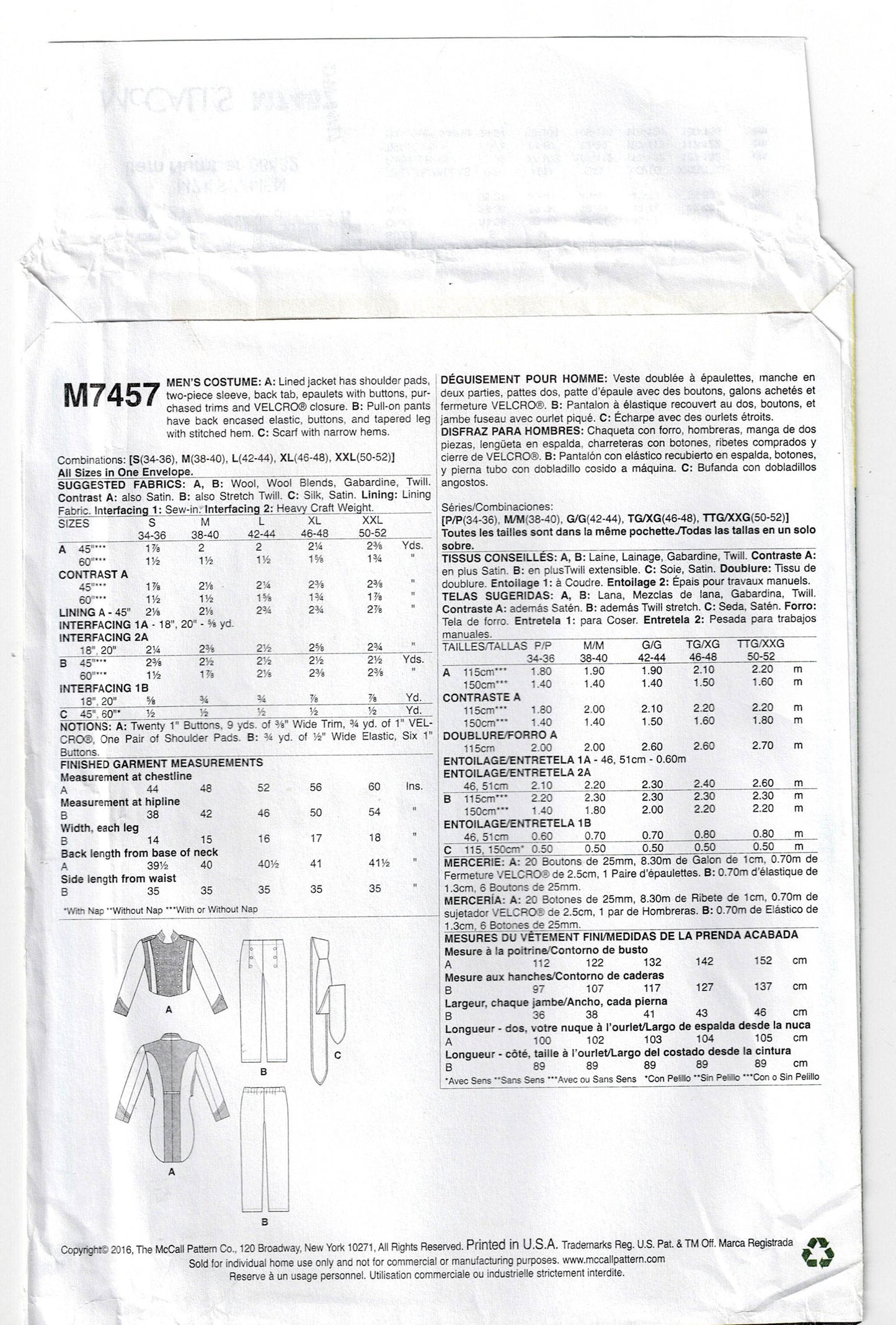 Patrón de costura agotado 7457 para traje militar de la Guerra Civil para hombre, chaqueta, corbata y pantalones, doblado de fábrica, sin cortar, tallas S a XXL