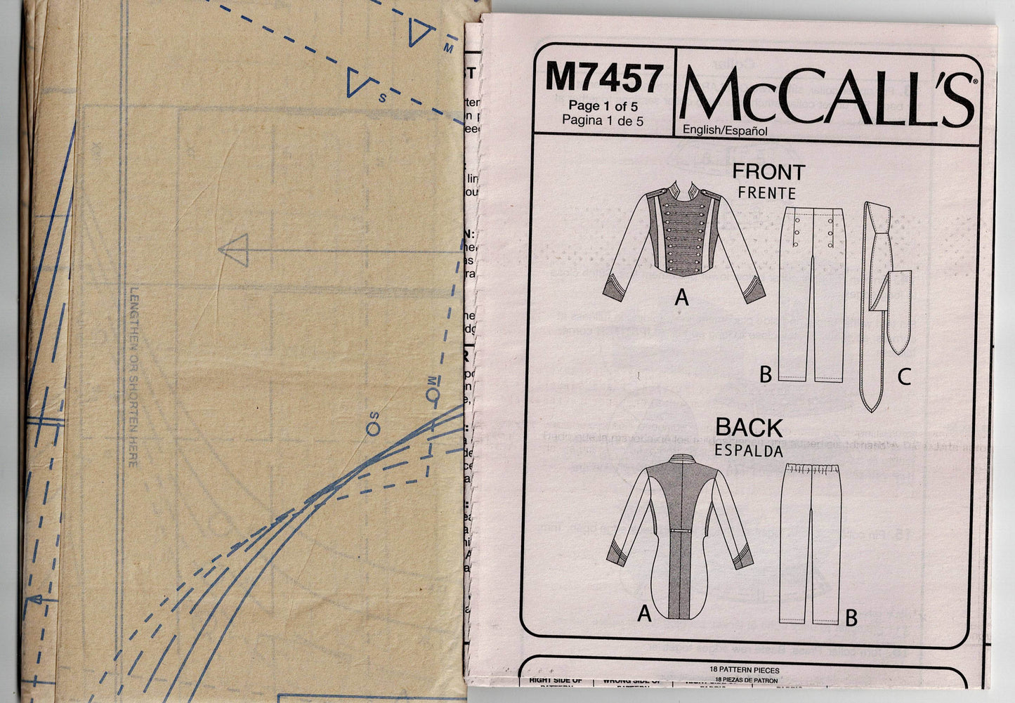 Patrón de costura agotado 7457 para traje militar de la Guerra Civil para hombre, chaqueta, corbata y pantalones, doblado de fábrica, sin cortar, tallas S a XXL