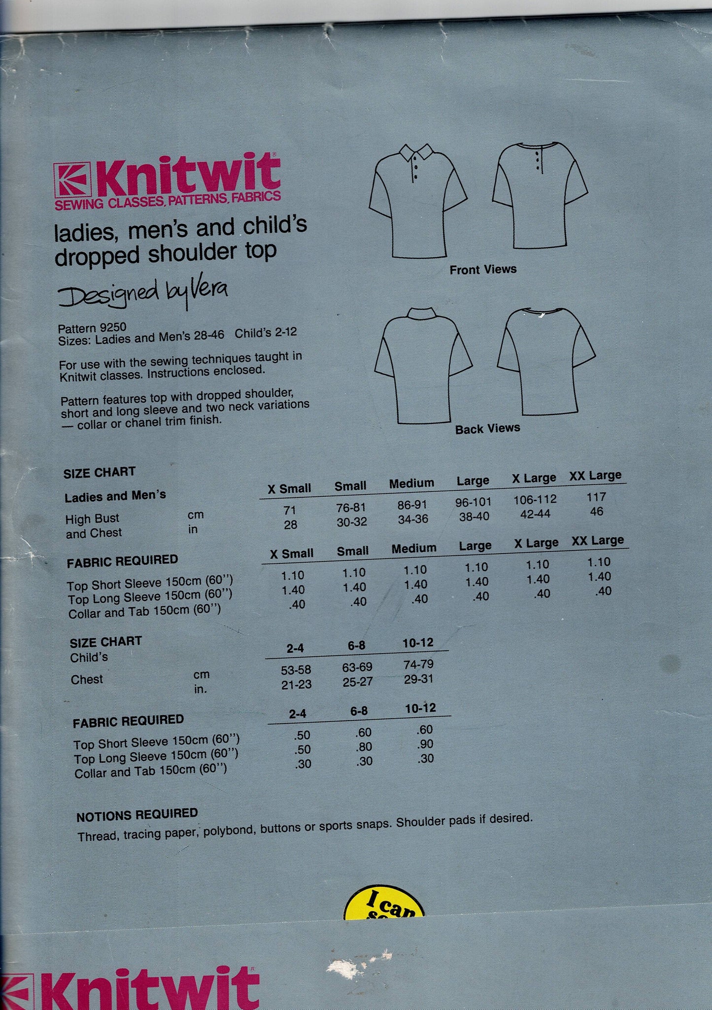 Patrón de costura sin cortar de la década de 1980 para polos elásticos para hombres, mujeres y niños Knitwit 9250, doblado de fábrica