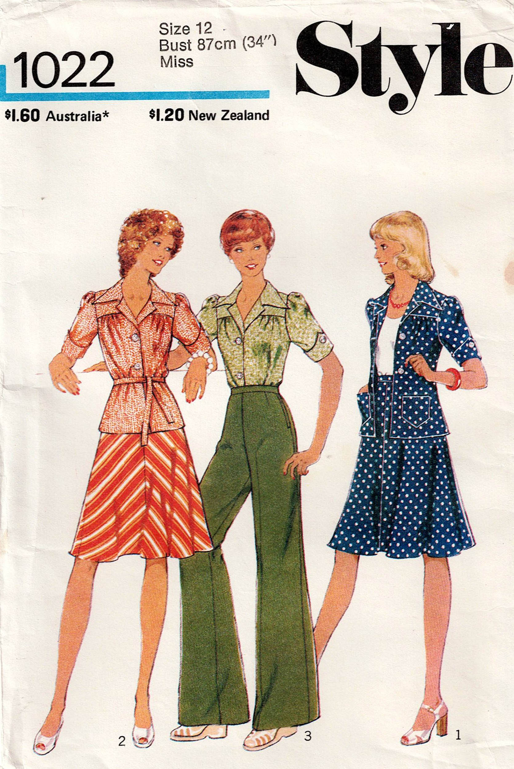 Style 1022 Womens Wide Collar Top A Line Skirt Flared Pants 1970s Vintage Sewing Pattern Size 12 Bust 34 inches