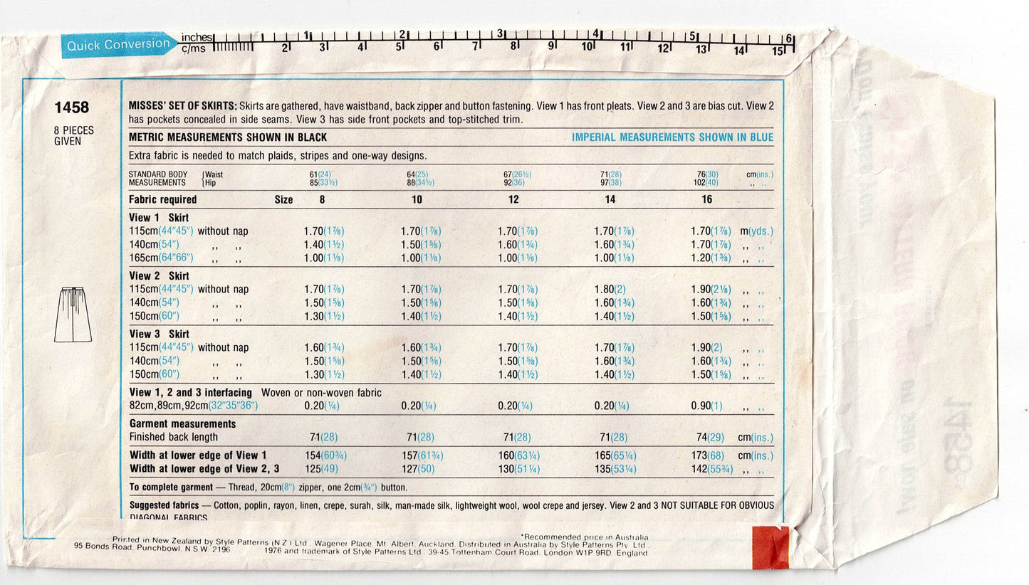 Style 1458 Womens Skirts with Waistband Pleats & Pockets 1970s Vintage Sewing Pattern Size 12 Waist 26.5 inches