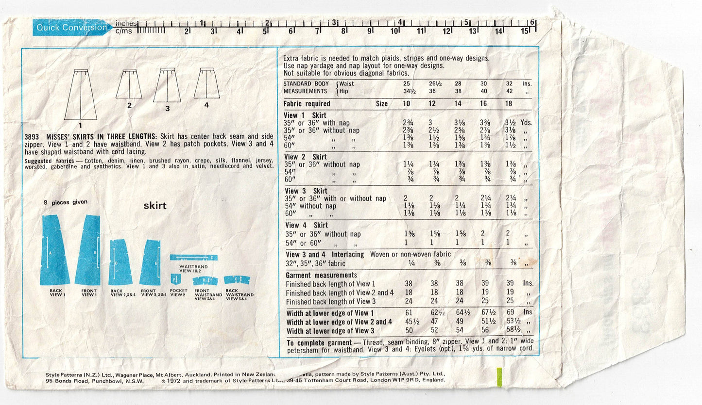 Style 3893 Womens A Line Skirts with Shaped Waistband 1970s Vintage Sewing Pattern Size 12 Waist 26.5 Inches