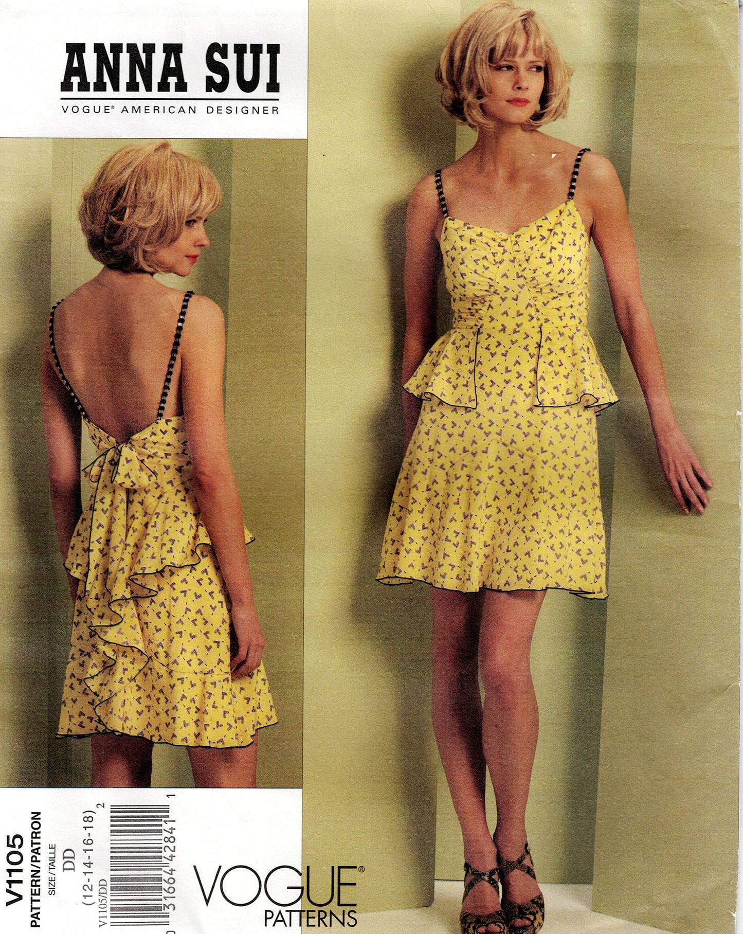 Vogue American Designer V1105 ANNA SUI Womens Lined Ruffled Peplum Mini Dress Out Of Print Sewing Pattern Size 4 - 10 or 12 - 18 UNCUT Factory Folded