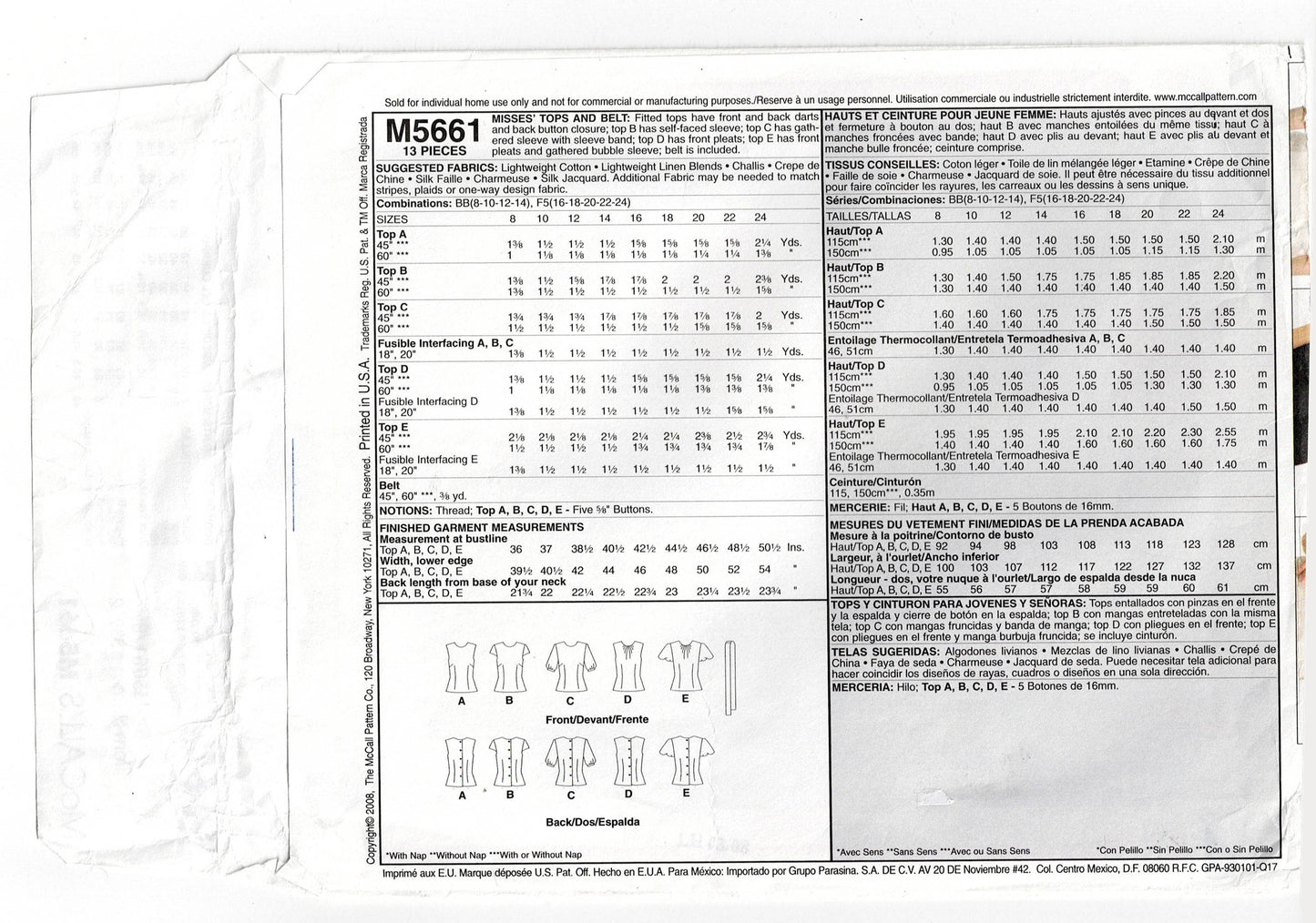 McCall's M5661 Palmer & Pletsch Womens Perfect Fit Tops Out Of Print Sewing Pattern Size 8 - 14 UNCUT Factory Folded