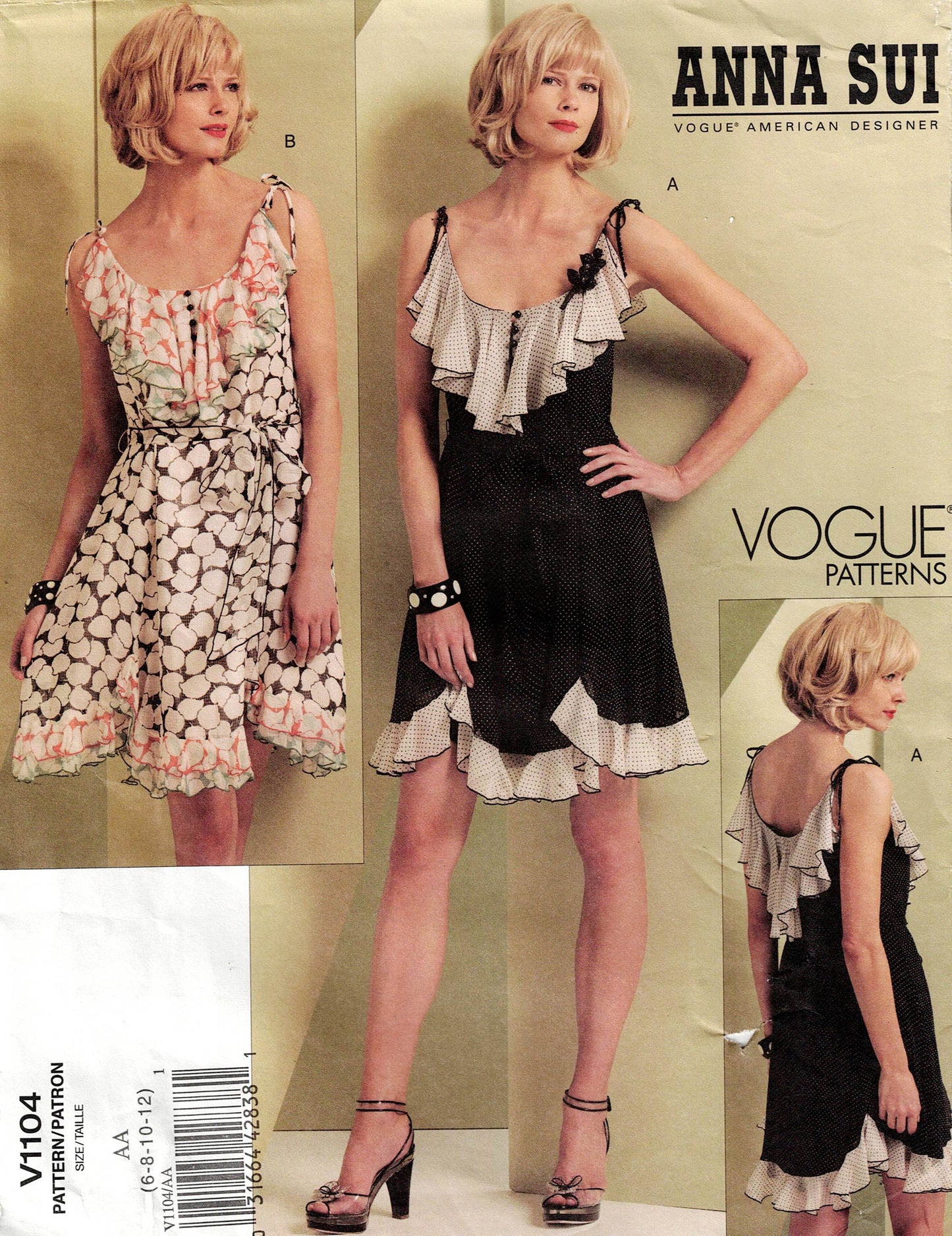 Vogue American Designer V1104 ANNA SUI Womens Lined Ruffled Mini Dress & Sash Out Of Print Sewing Pattern Size 6 - 12 or 14 - 20 UNCUT Factory Folded