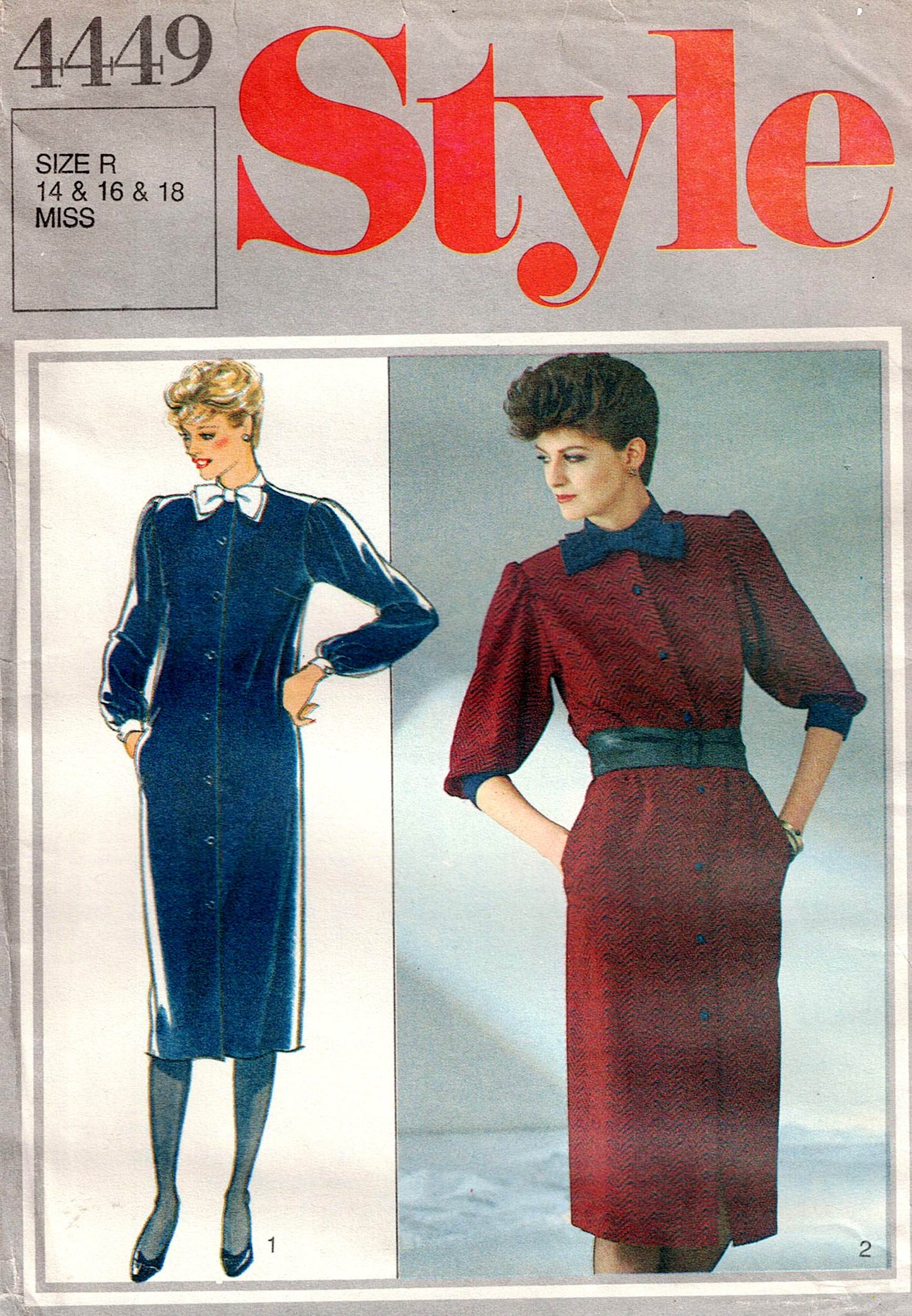 Style 4449 Womens Puff Sleeved Shirtdress 1980s Vintage Sewing Pattern 10 - 14 or 14 - 18 UNCUT Factory Folded