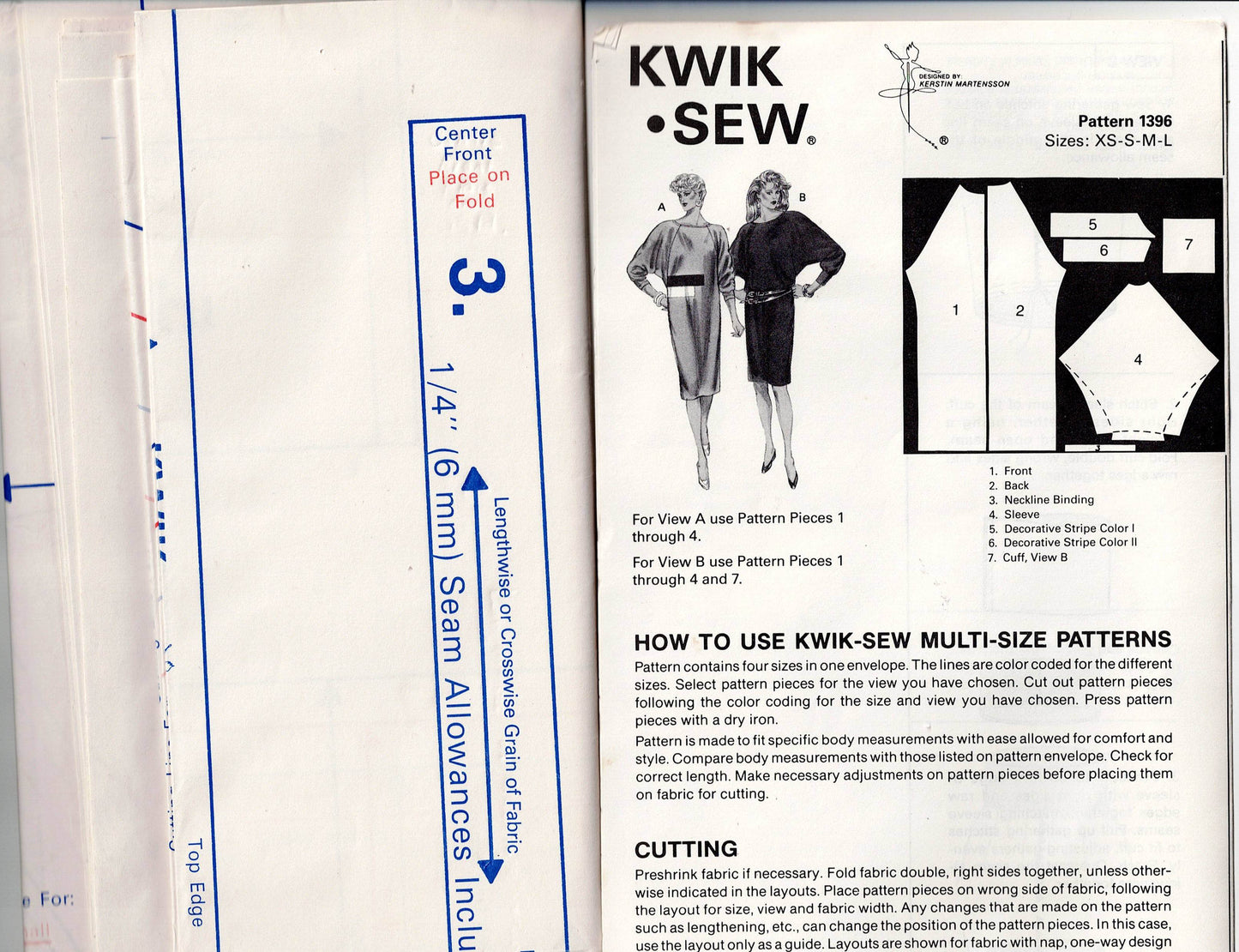 Kwik Sew 1396 EASY Womens Stretch Pullover Raglan Sleeved Dress 1980s Vintage Sewing Pattern Size XS - L UNCUT Factory Folded