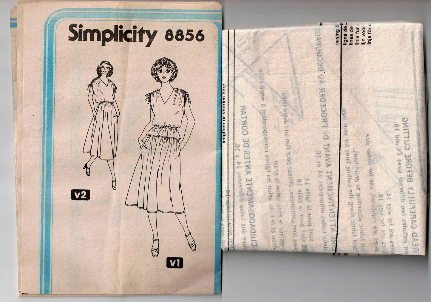 Simplicity 8856 Womens Drawstring Shoulder Dress Top & Skirt 1970s Vintage Sewing Pattern Sizes 14 & 16