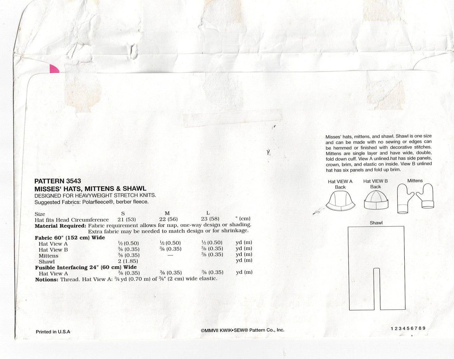 Kwik Sew 3543 Womens EASY Fleece Hat Mittens & Shawl Out Of Print Sewing Pattern Size XS - XL UNCUT Factory Folded