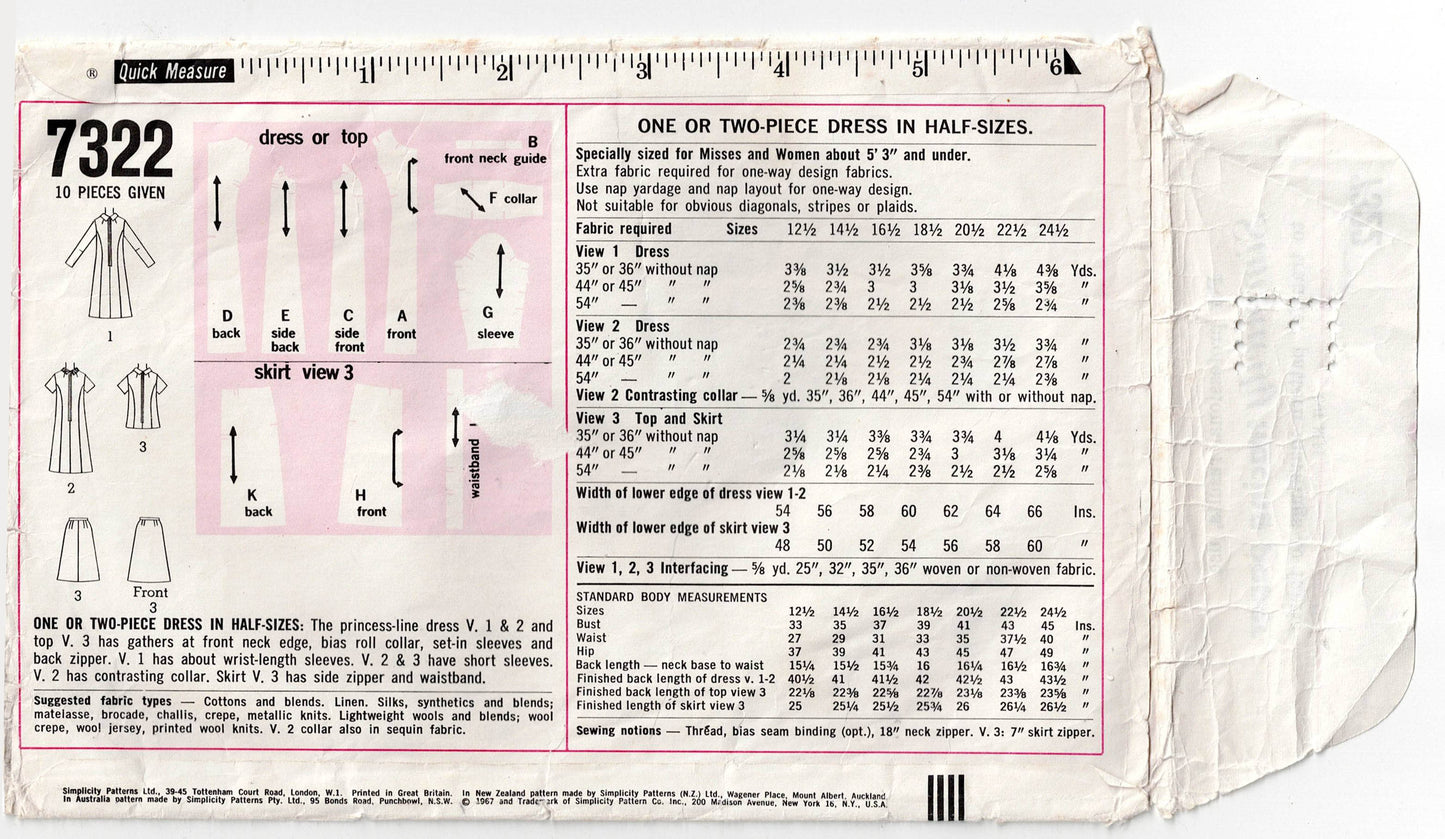 Simplicity 7322 Womens Half Size Roll Collar Dress Top & Skirt 1960s Vintage Sewing Pattern Size 14 1/2 Bust 35 inches