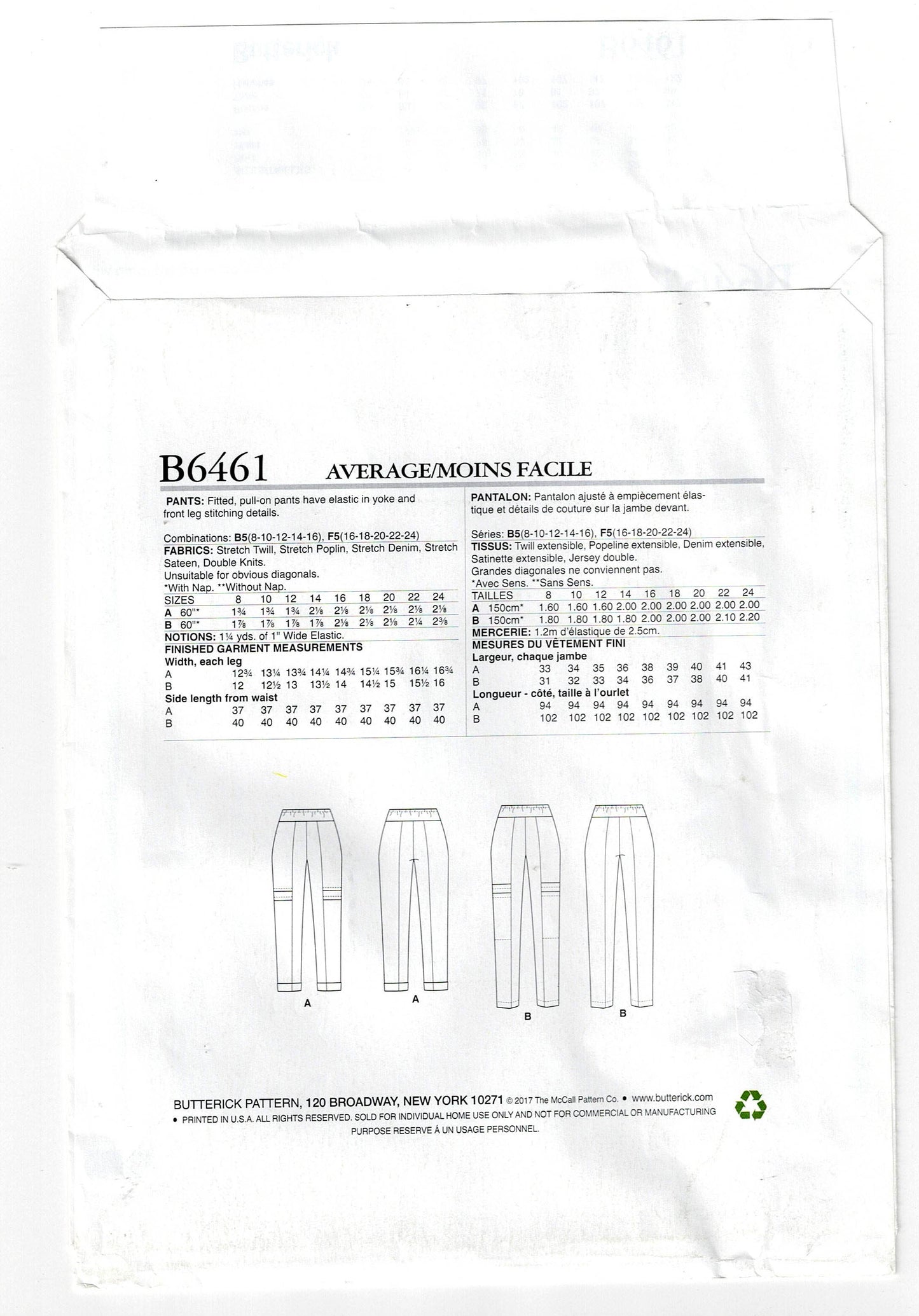 Patrón de costura de pantalón ajustado Butterick 6461 Katherine Tilton para mujer, agotado, talla 8-24, sin cortar, doblado de fábrica