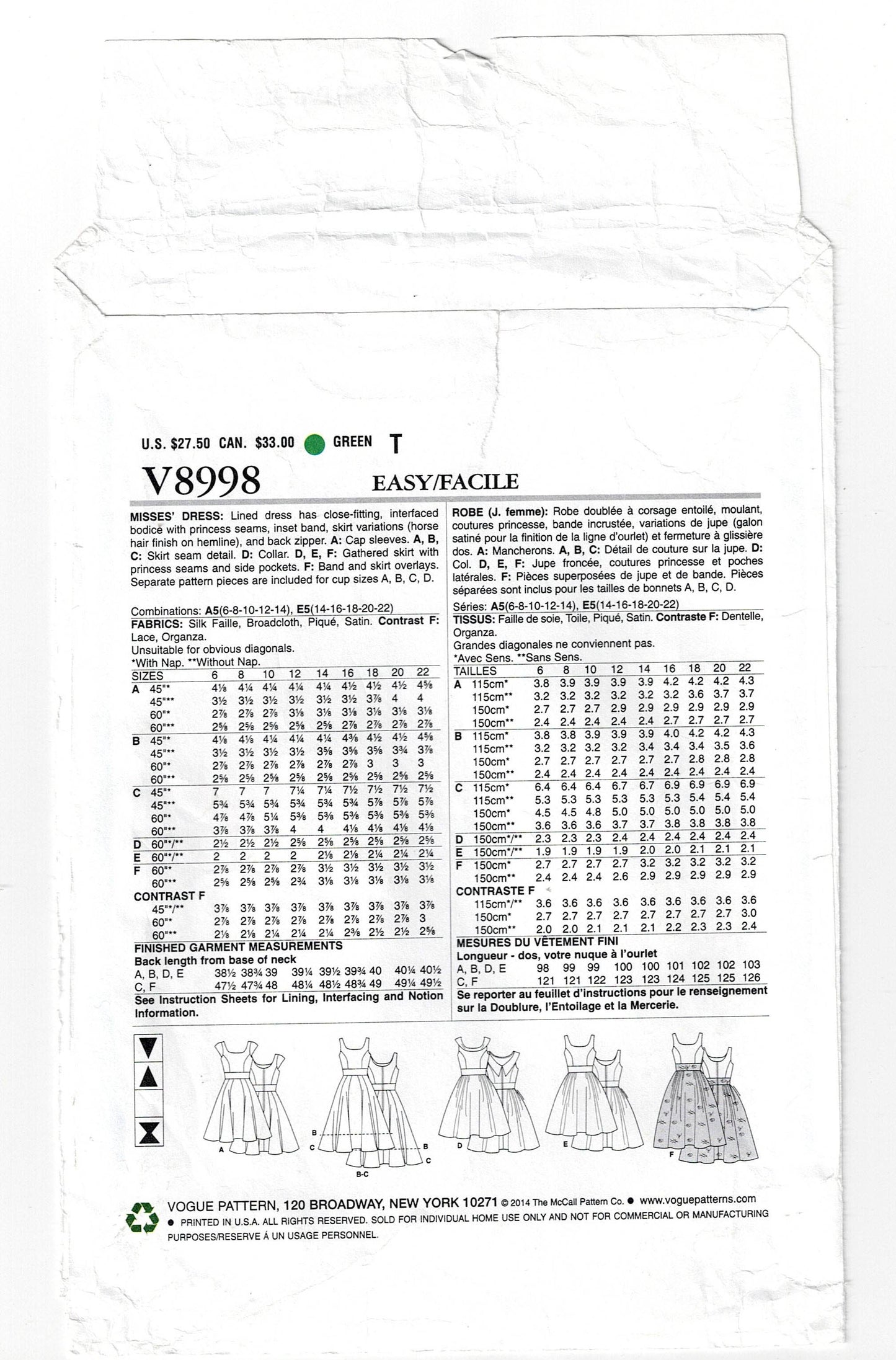 Vogue Easy Options 8998 Womens Full Skirt Dress with Princess Bodice Out Of Print Sewing Pattern Size 6 - 14 UNCUT Factory Folded