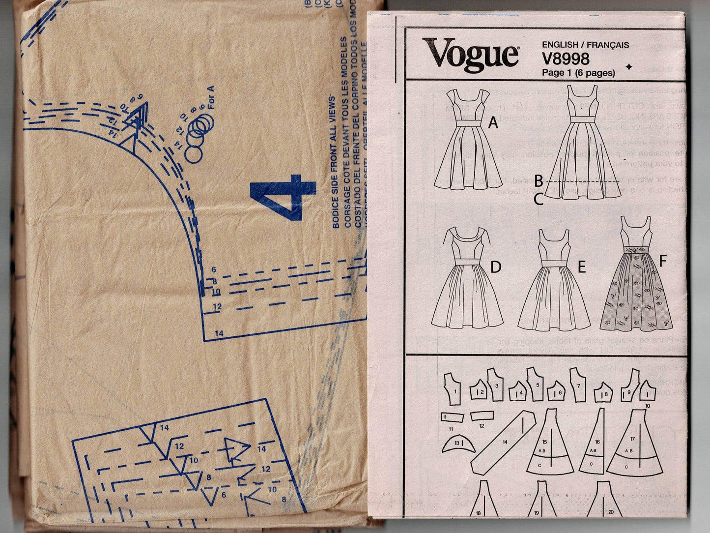 Vogue Easy Options 8998 Womens Full Skirt Dress with Princess Bodice Out Of Print Sewing Pattern Size 6 - 14 UNCUT Factory Folded