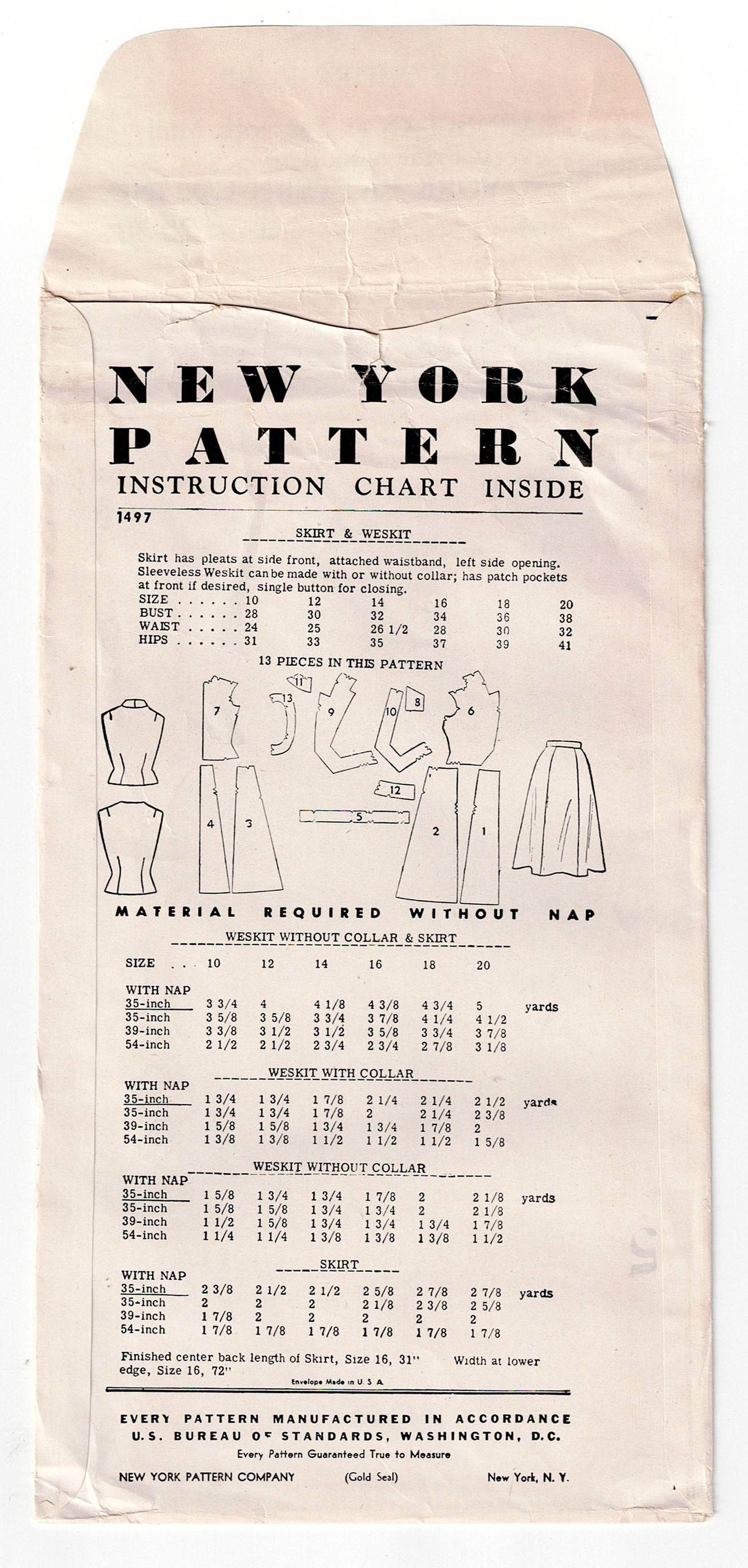 New York 1497 RARE Womens Westkit & Skirt 1950s Vintage Sewing Pattern Bust 38 inches UNUSED Factory Folded