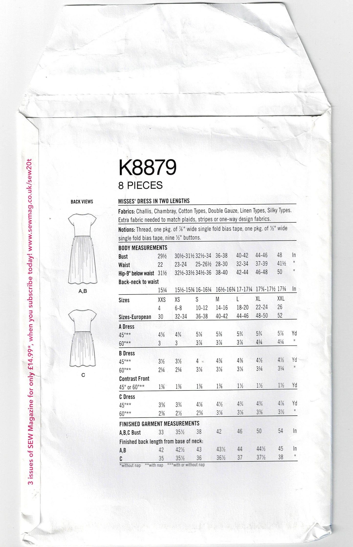 Simplicity 8879 Womens Origami Dress Out Of Print Sewing Pattern Sizes XXS - XXL UNCUT Factory Folded