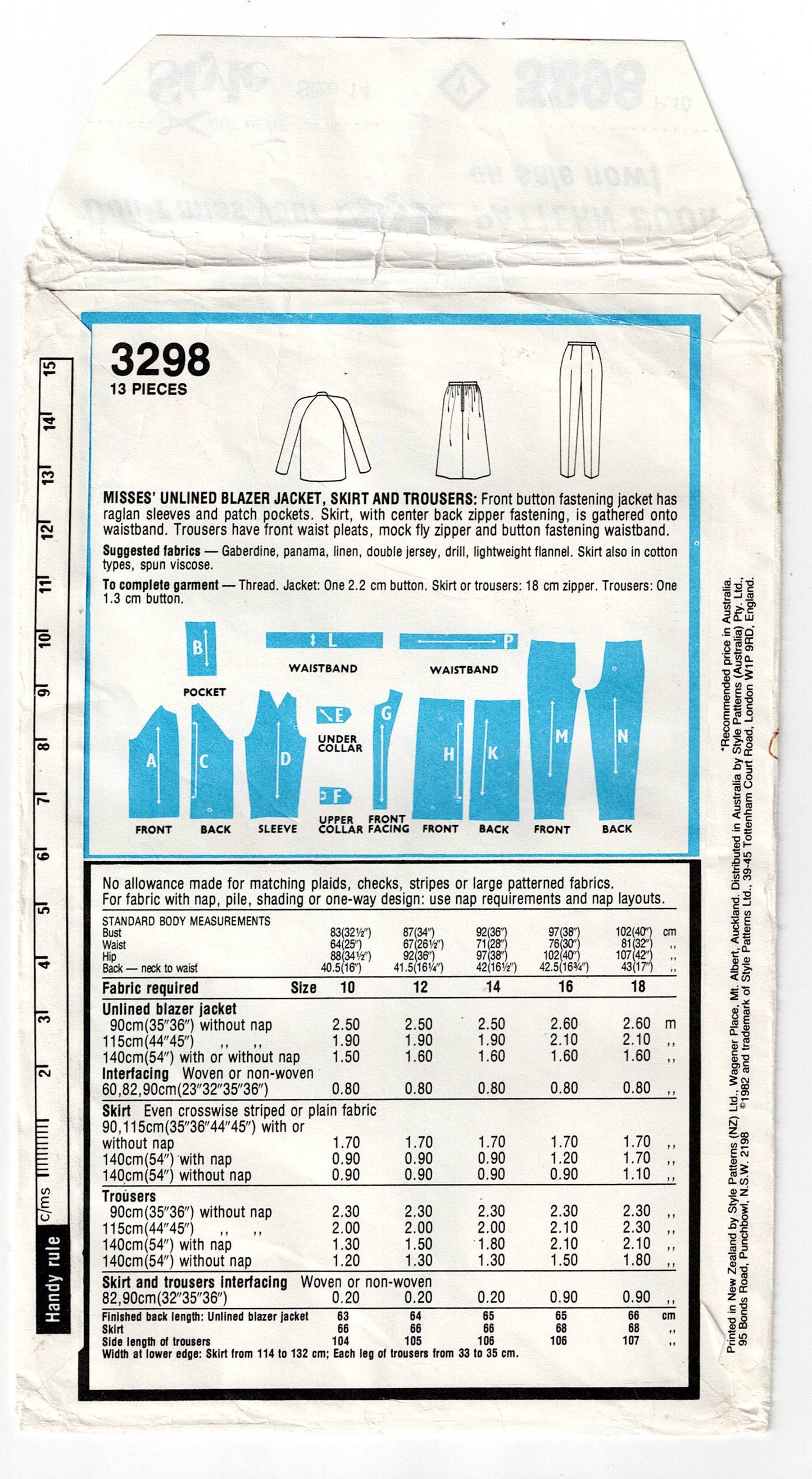 Style 3298 Womens Jacket Pants & Slim Skirt 1980s Vintage Sewing Pattern Size 14 UNCUT Factory Folded