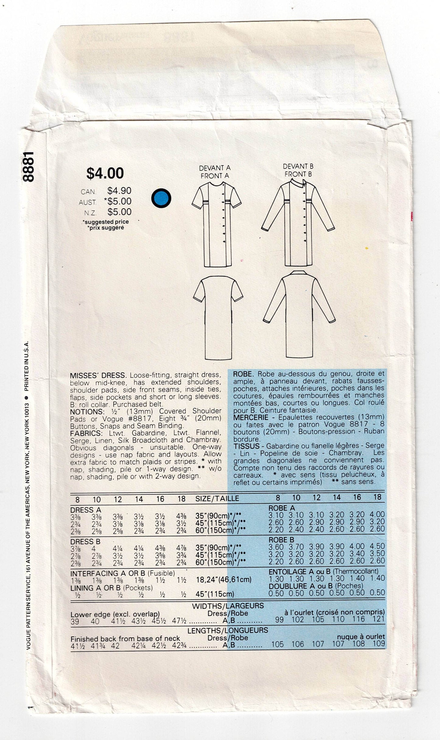 Vogue 8881 Womens Asymmetric Dress with Pockets 1980s Vintage Sewing Pattern Size 8 Bust 31.5 inches