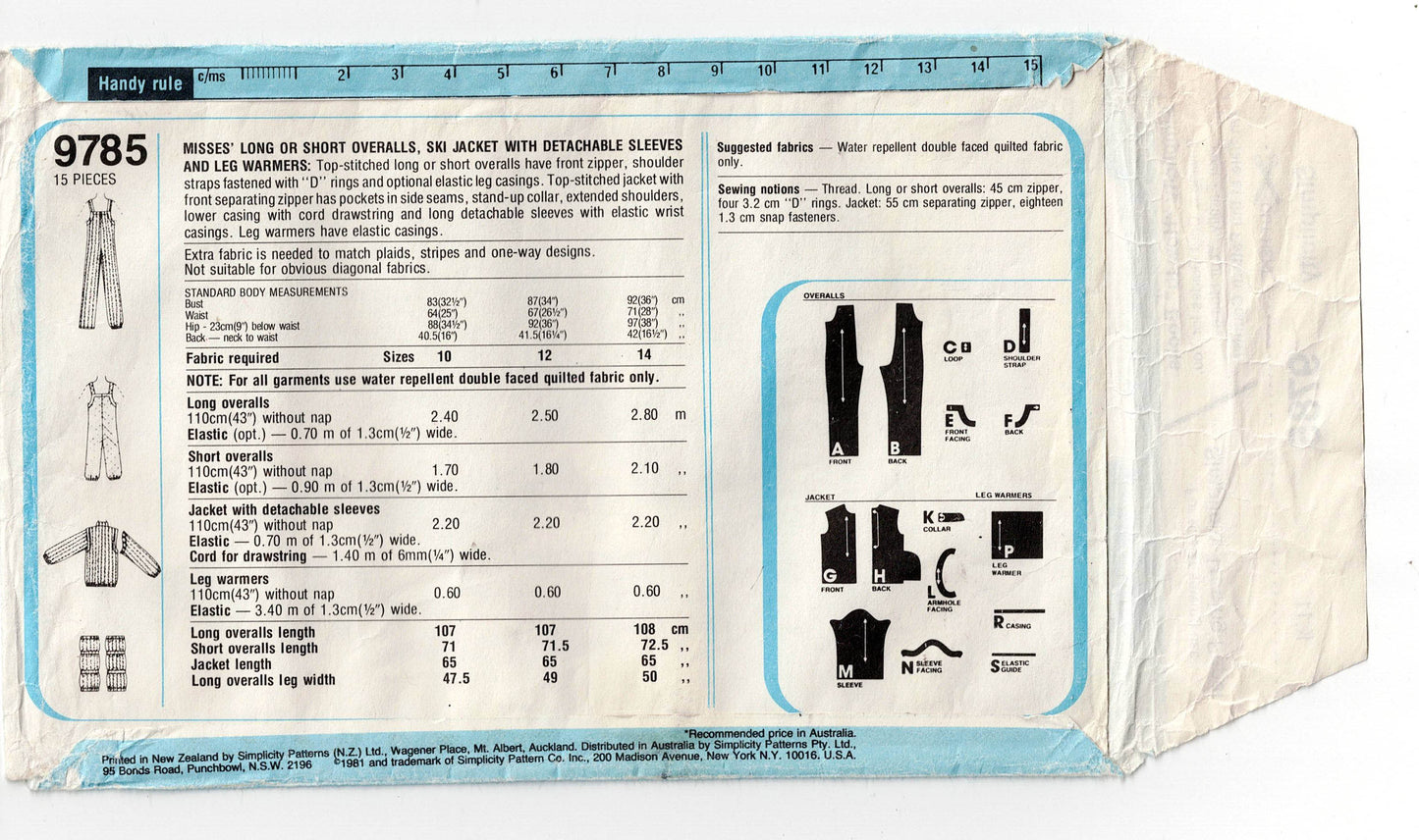 Simplicity 9785 Womens RETRO Ski Suit Jacket & Leg Warmers 1980s Vintage Sewing Pattern Size 14 Bust 36 inches