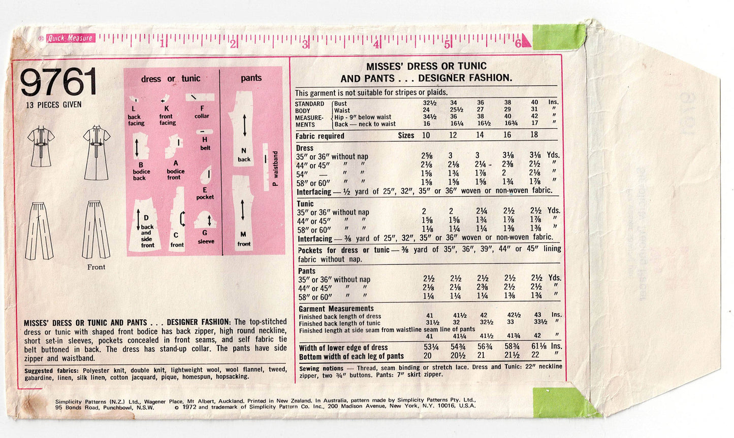 Simplicity 9761 Womens Designer Fitted High Collar Dress Tunic & Pants 1970s Vintage Sewing Pattern Size 18 Bust 40 inches