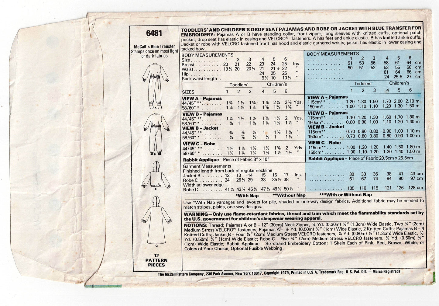 McCall's 6481 Childrens Footed Pyjamas Robe & Jacket with Monogram Transfer 1970s Vintage Sewing Pattern Size 3