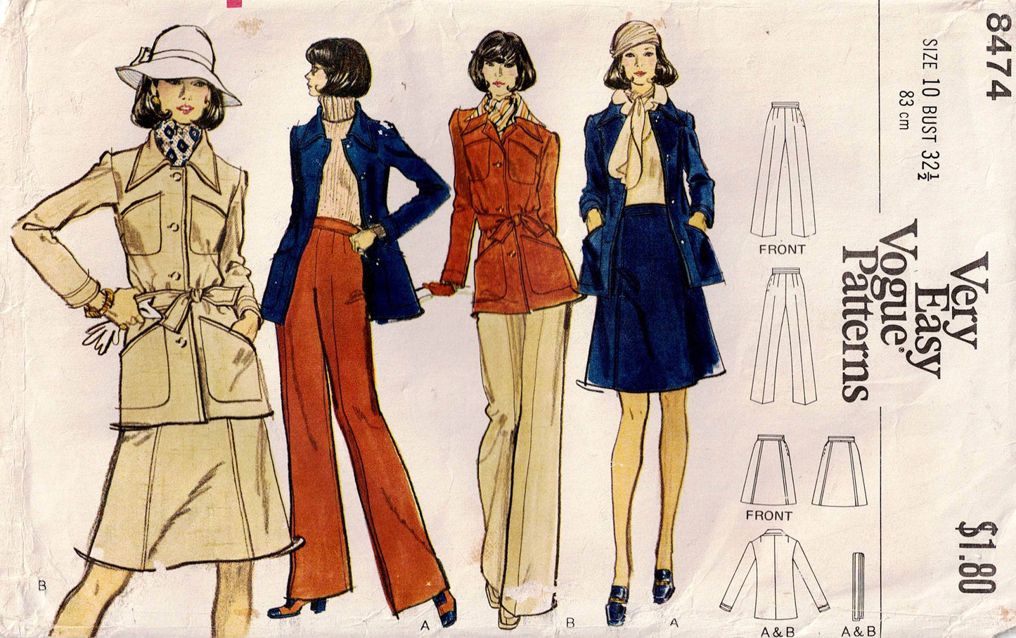 Very Easy Vogue 8474 Womens Jacket Pants & Skirt 1970s Vintage Sewing Pattern Size 10 Bust 32 1/2 inches