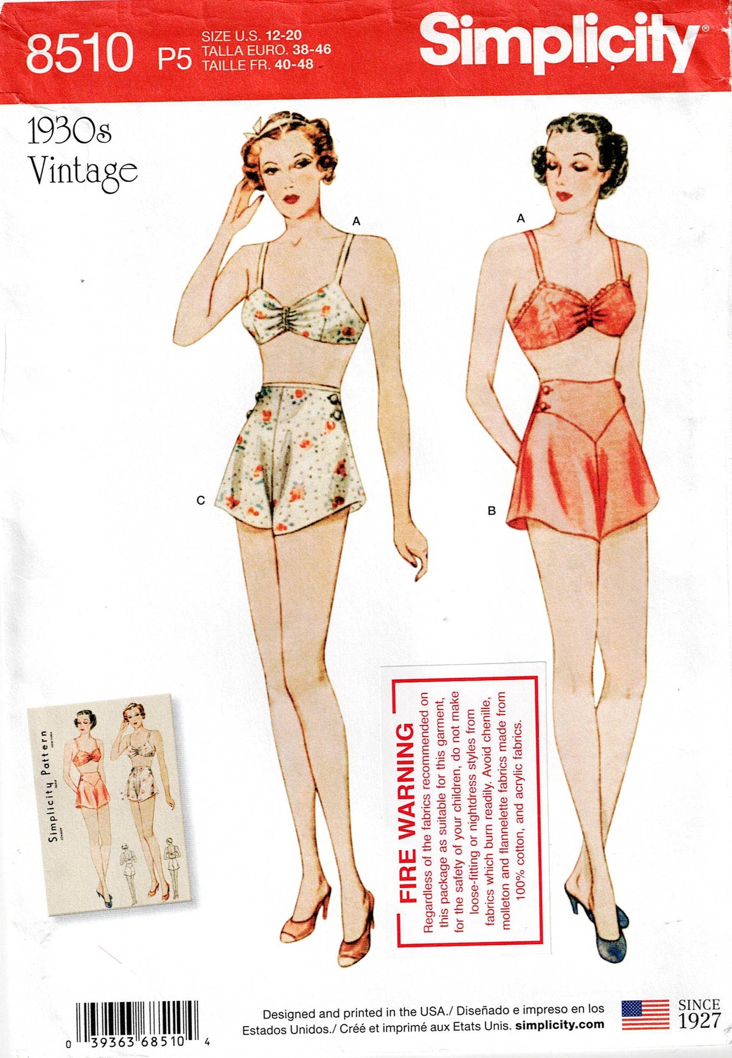 Simplicity 8510 Womens Reissued 1930 Lingerie Set Sewing Pattern Size 12 - 20 UNCUT Factory Folded